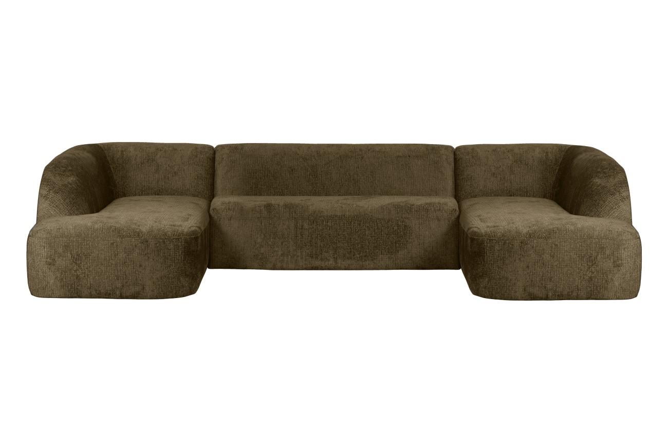 Das Sofa Sloping in U-Form überzeugt mit seinem modernen Stil. Gefertigt wurde es aus Struktursamt, welcher einen dunkelgrünen Farbton besitzt. Die Füße besitzen eine schwarze Farbe. Das Sofa besitzt eine Größe von 339x225 cm.