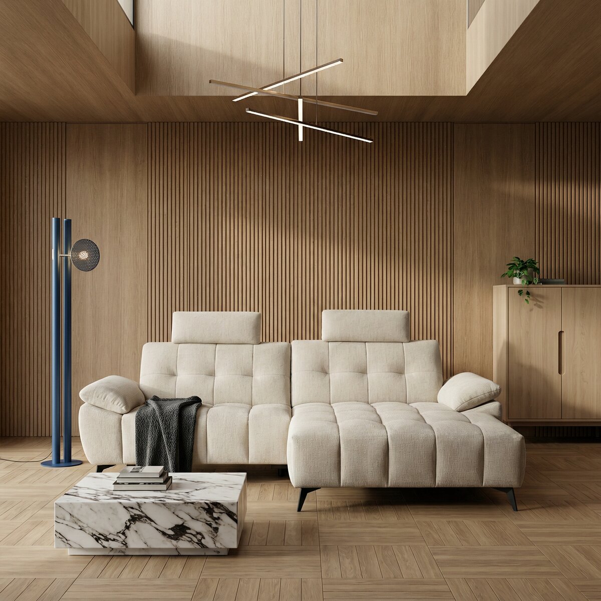 Ecksofa Odaloc Rechts Stoff Beige - elektrische Fußstütze & USB-Port