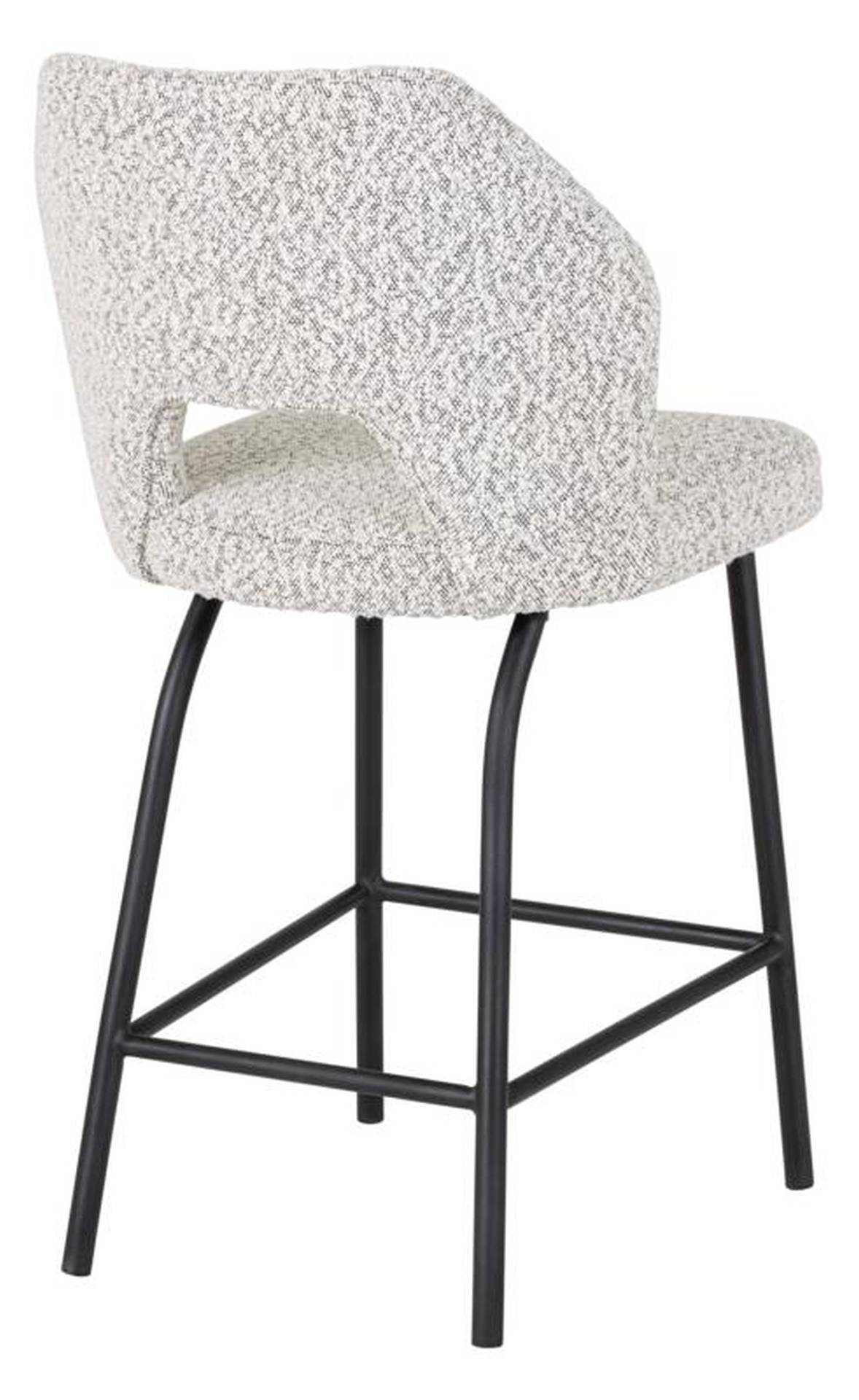 Der Barstuhl Bloom überzeugt mit seinem modernem aber auch schlichtem Design. Gefertigt wurde der Stuhl aus einem Boucle Stoff, welcher einen Hellgrauen Farbton besitzt. Das Gestell ist aus Metall und ist Schwarz.