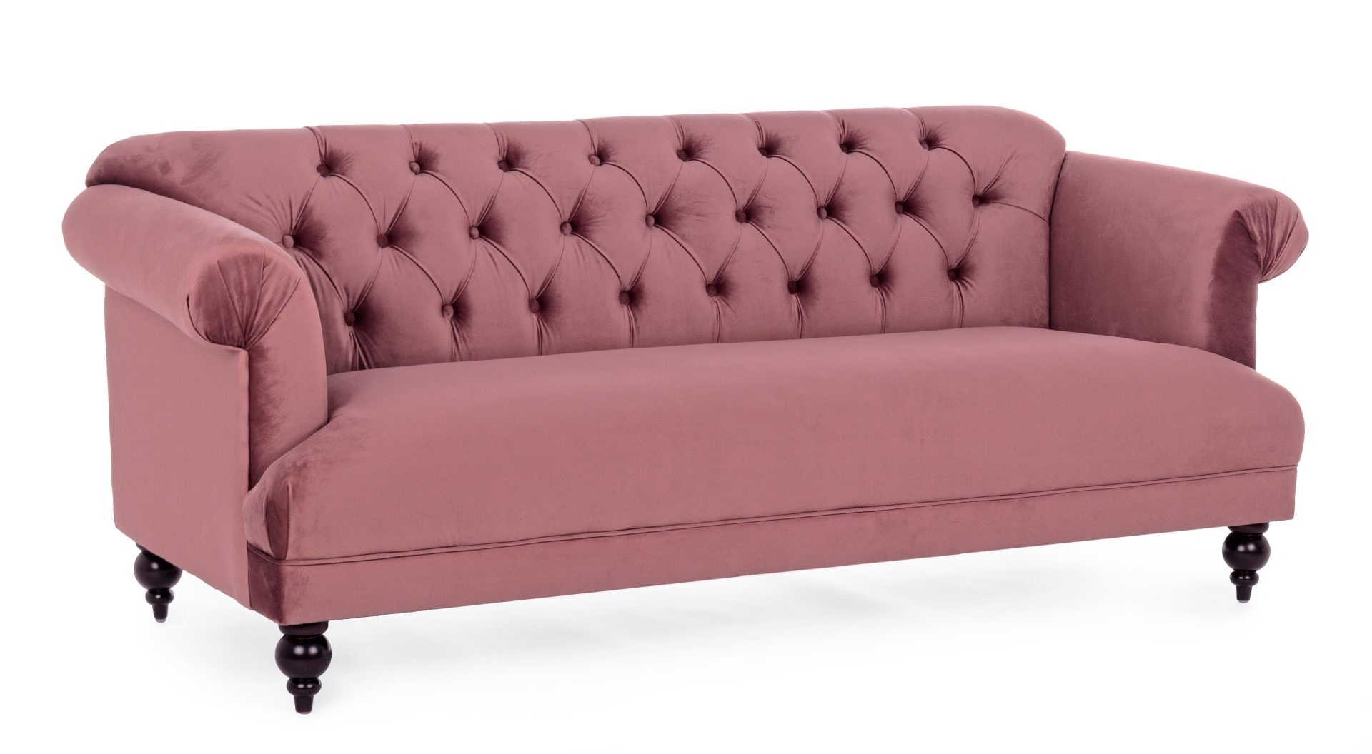 Das Sofa Blossom überzeugt mit seinem klassischen Design. Gefertigt wurde es aus Stoff in Samt-Optik, welcher einen rosa Farbton besitzt. Das Gestell ist aus Kautschukholz und hat eine schwarze Farbe. Das Sofa ist in der Ausführung als 3-Sitzer. Die Breit