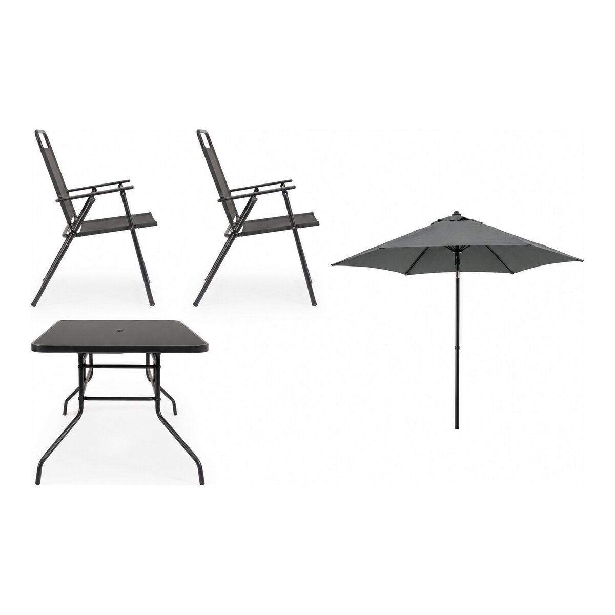 Garten-Set Pompei aus Metall, klassisch, anthrazit, mit Tischplatte aus Glas und Sonnenschirm