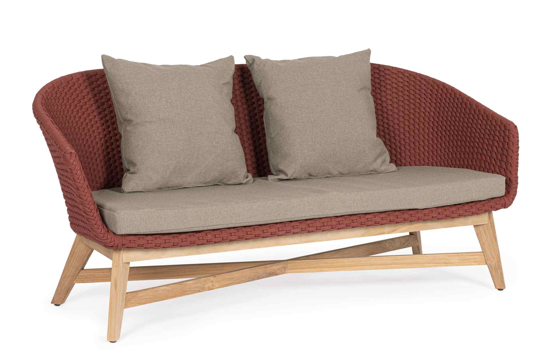 Das Gartensofa Coachella überzeugt mit seinem modernen Design. Gefertigt wurde es aus Olefin-Stoff, welcher einen roten Farbton besitzt. Das Gestell ist aus Teakholz und hat eine natürliche Farbe. Das Sofa verfügt über eine Sitzhöhe von 39 cm und ist für 