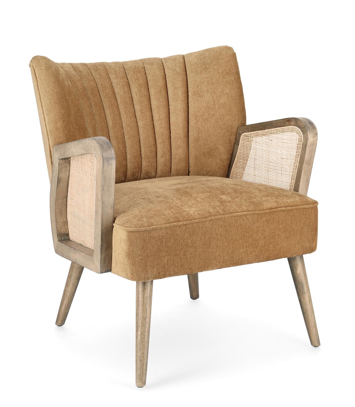 Der Sessel Virna überzeugt mit seinem modernen Stil. Gefertigt wurde er aus einem Stoff-Bezug, welcher einen Senf Farbton besitzt. Das Gestell ist aus Kautschukholz und hat eine braune Farbe. Der Sessel verfügt über eine Armlehne.