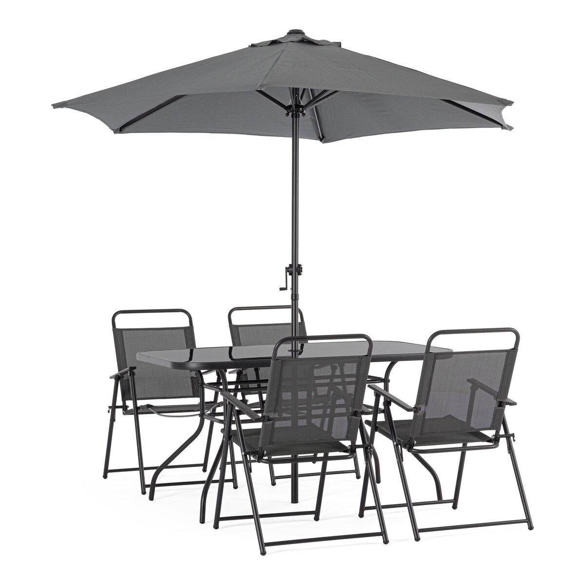6er Garten-Set Pompei - Metall, Glasplatte, inkl. Sonnenschirm, Anthrazit, 4 Stühle