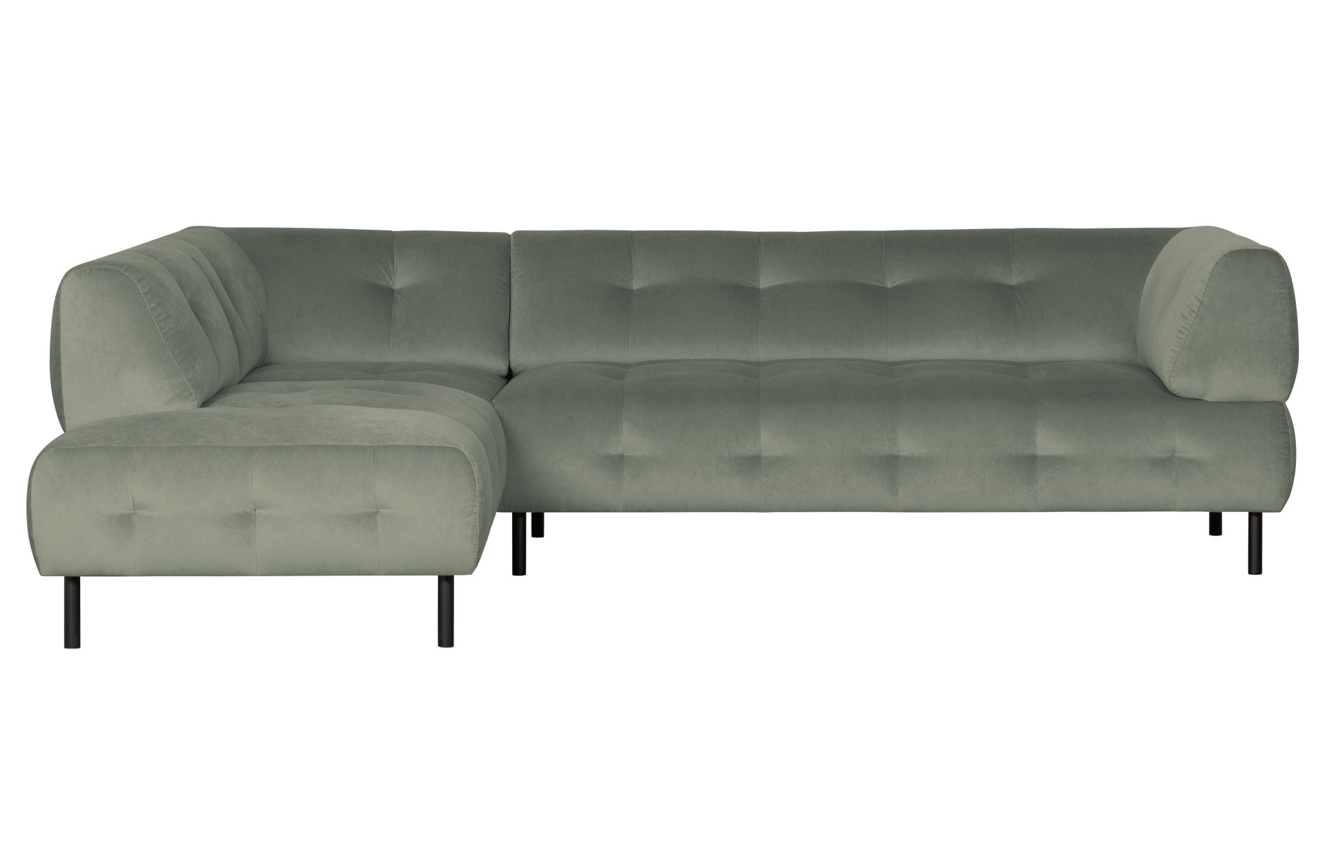 Das Ecksofa Lloyd überzeugt mit seinem modernem Design. Gefertigt wurde das Sofa aus einem Samt Bezug, welcher einen Mint Farbton besitzt. Die Beine sind aus Metall und sind schwarz.