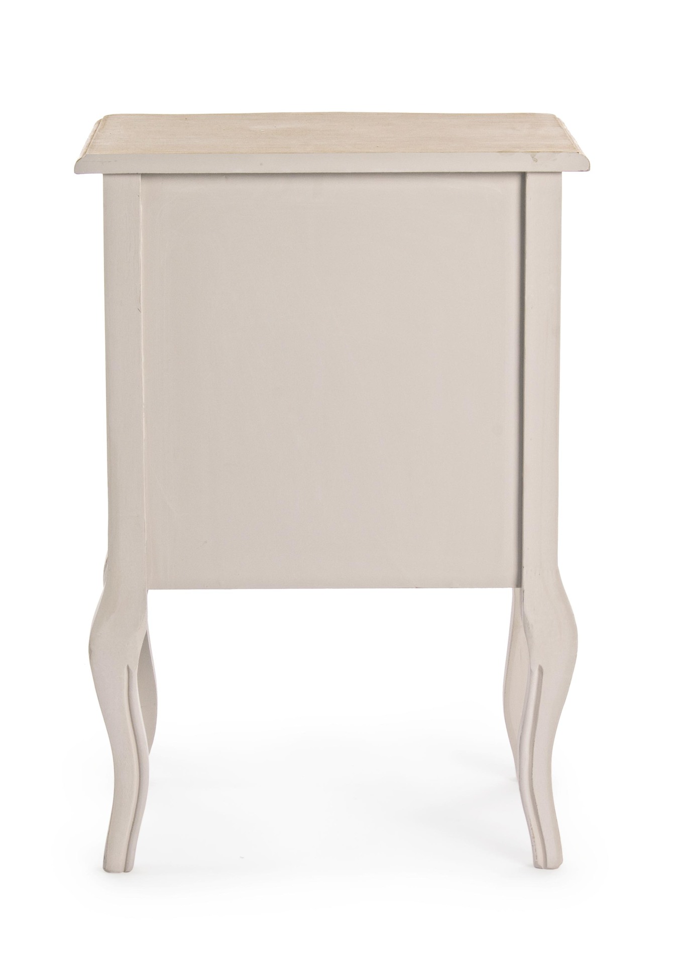 Der Nachttisch Clarissa überzeugt mit seinem klassischen Design. Gefertigt wurde er aus Paulowniaholz, welches einen grauen Farbton besitzt. Das Gestell ist auch aus Paulowniaholz. Der Nachttisch verfügt über drei Schubladen. Die Breite beträgt 48 cm.