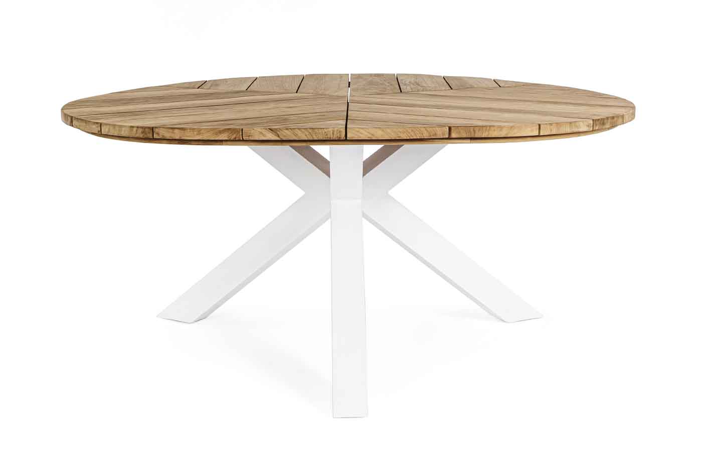 Wunderschöner Gartentisch Palmdale mit runder Platte. Der Tisch besteht aus einer Platte aus Teakholz und einem Gestell aus Aluminium