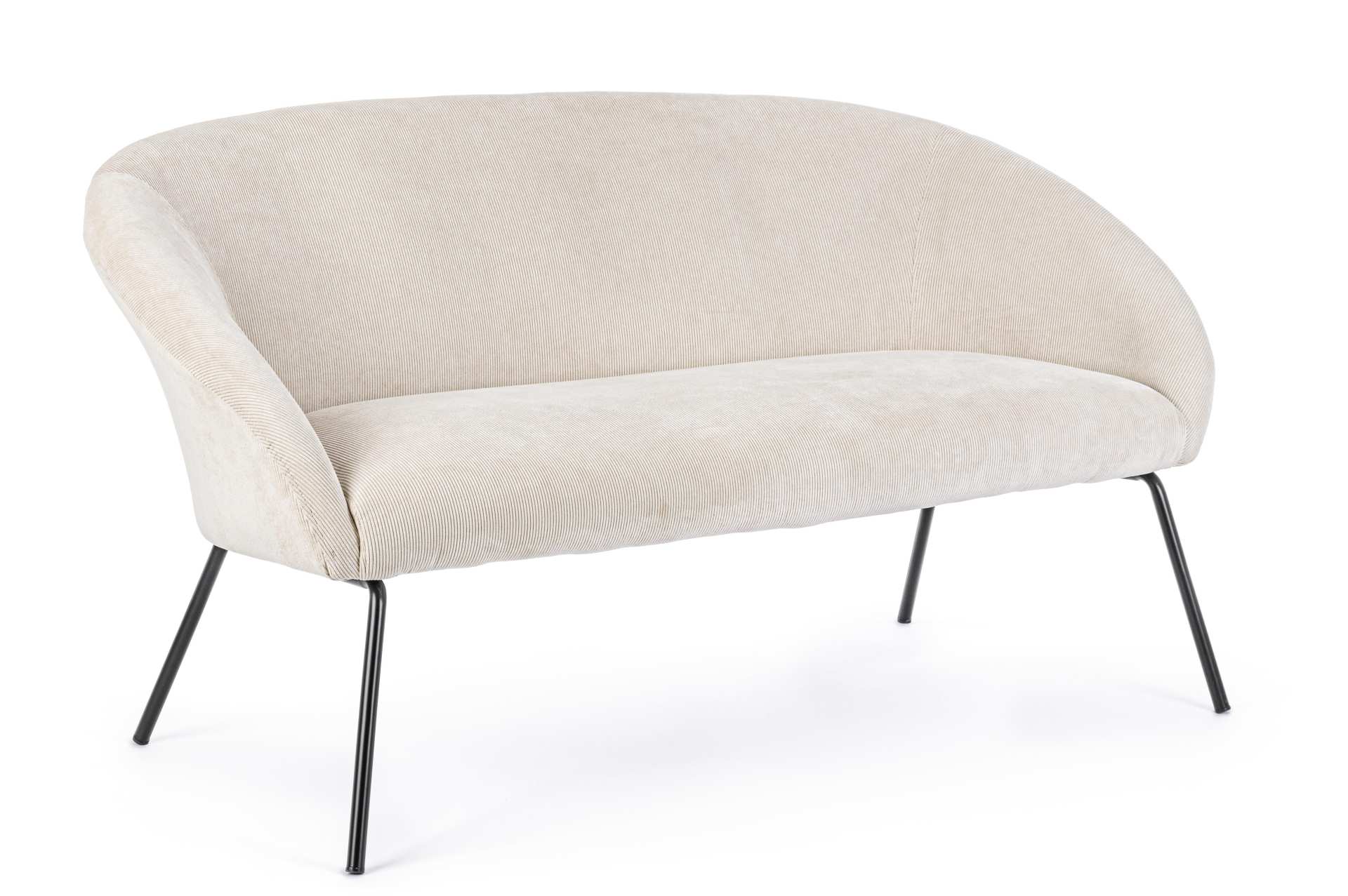 Das Sofa Aiko überzeugt mit seinem modernen Design. Gefertigt wurde es aus Stoff in Samt-Optik, welcher einen weißen Farbton besitzt. Das Gestell ist aus Metall und hat eine schwarze Farbe. Das Sofa ist in der Ausführung als 2-Sitzer. Die Breite beträgt 1