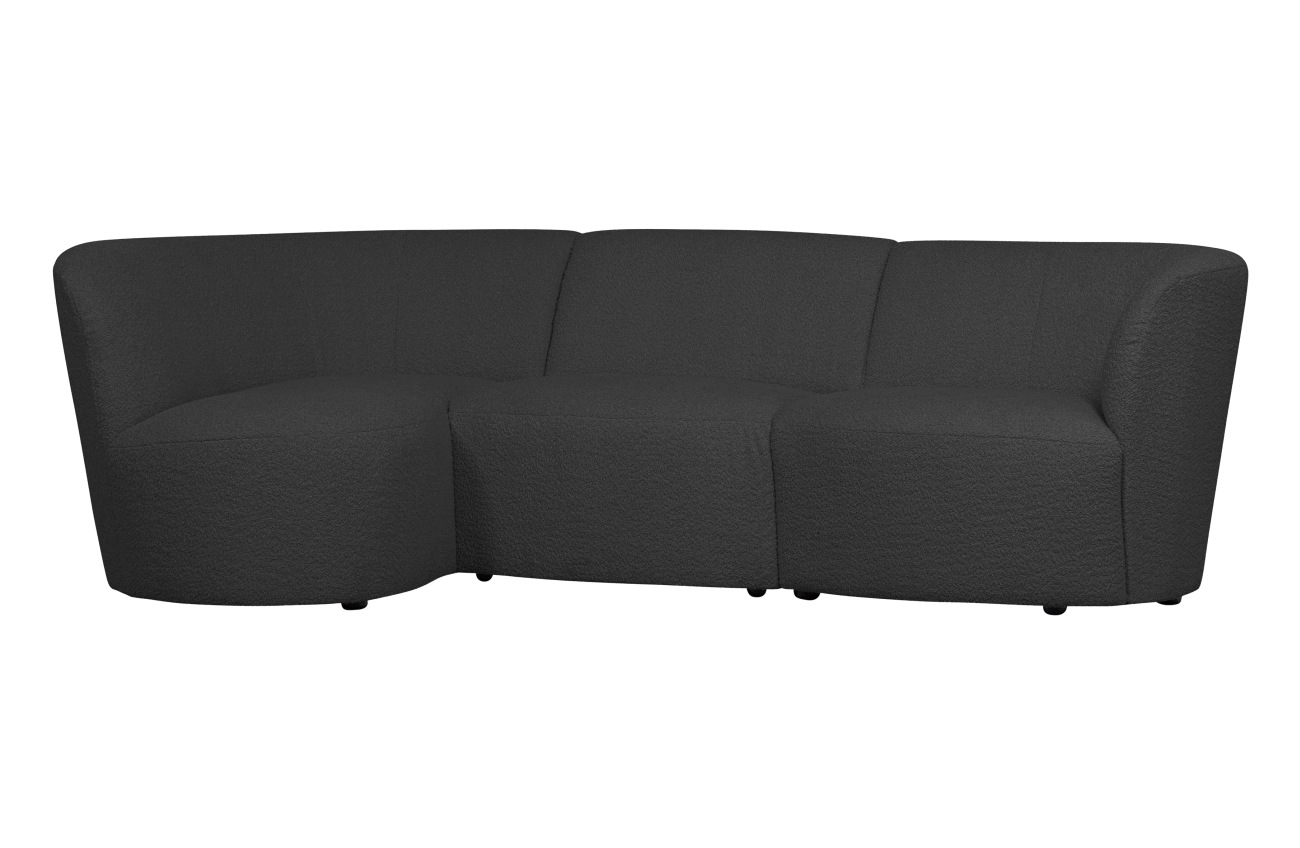 Das Ecksofa Coco überzeugt mit seinem modernen Design. Gefertigt wurde es aus Boucle-Stoff, welches einen dunkelgrauen Farbton besitzt. Die Füße ist aus Kunststoff und hat eine schwarze Farbe. Das Sofa hat eine Größe von 230x138x70 cm.