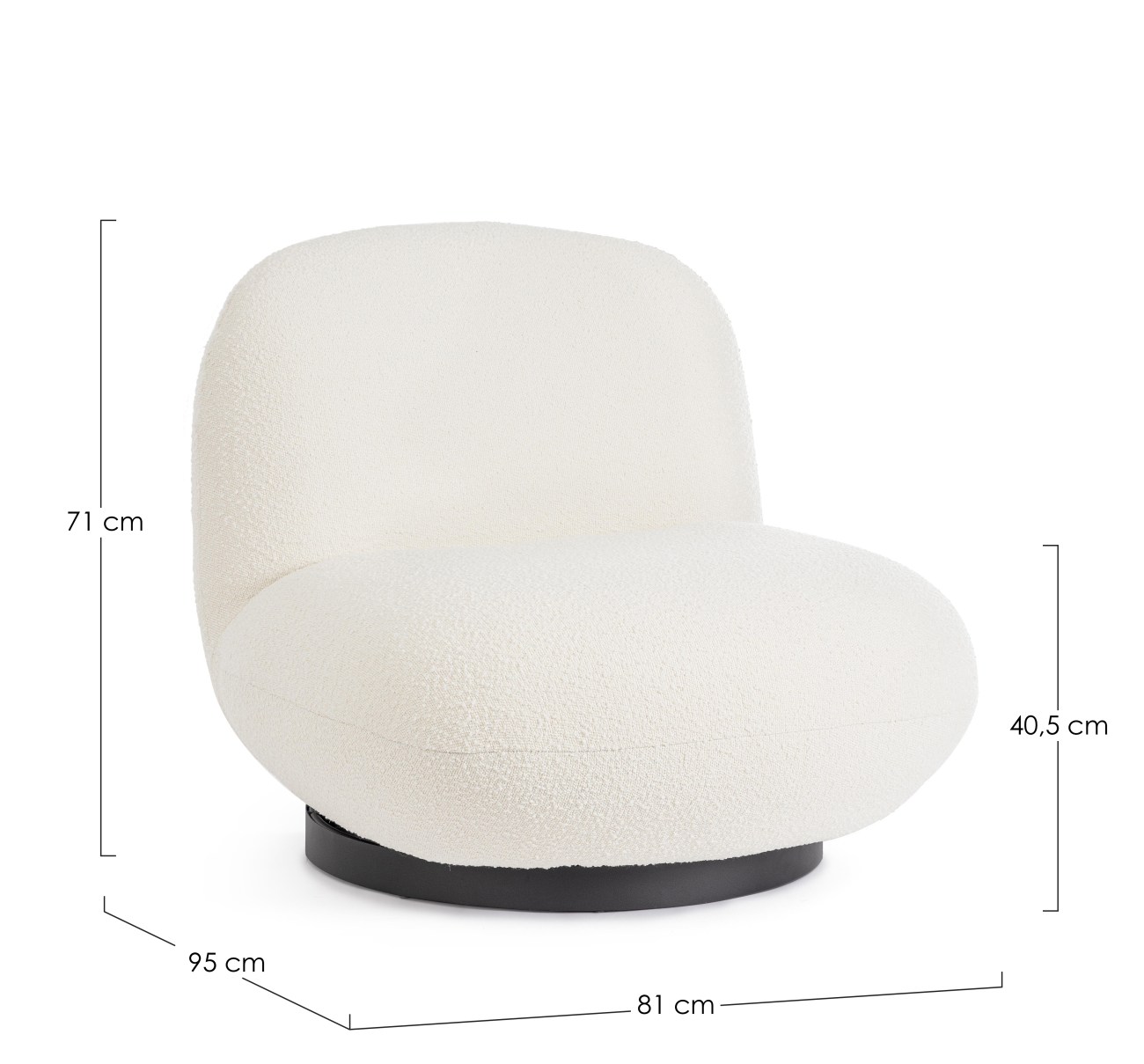 Der Sessel Margot überzeugt mit seinem modernen Stil. Gefertigt wurde er aus Bouclè-Stoff, welcher einen weißen Farbton besitzt. Das Gestell ist aus Metall und hat eine schwarze Farbe. Der Sessel verfügt über eine Drehfunktion.