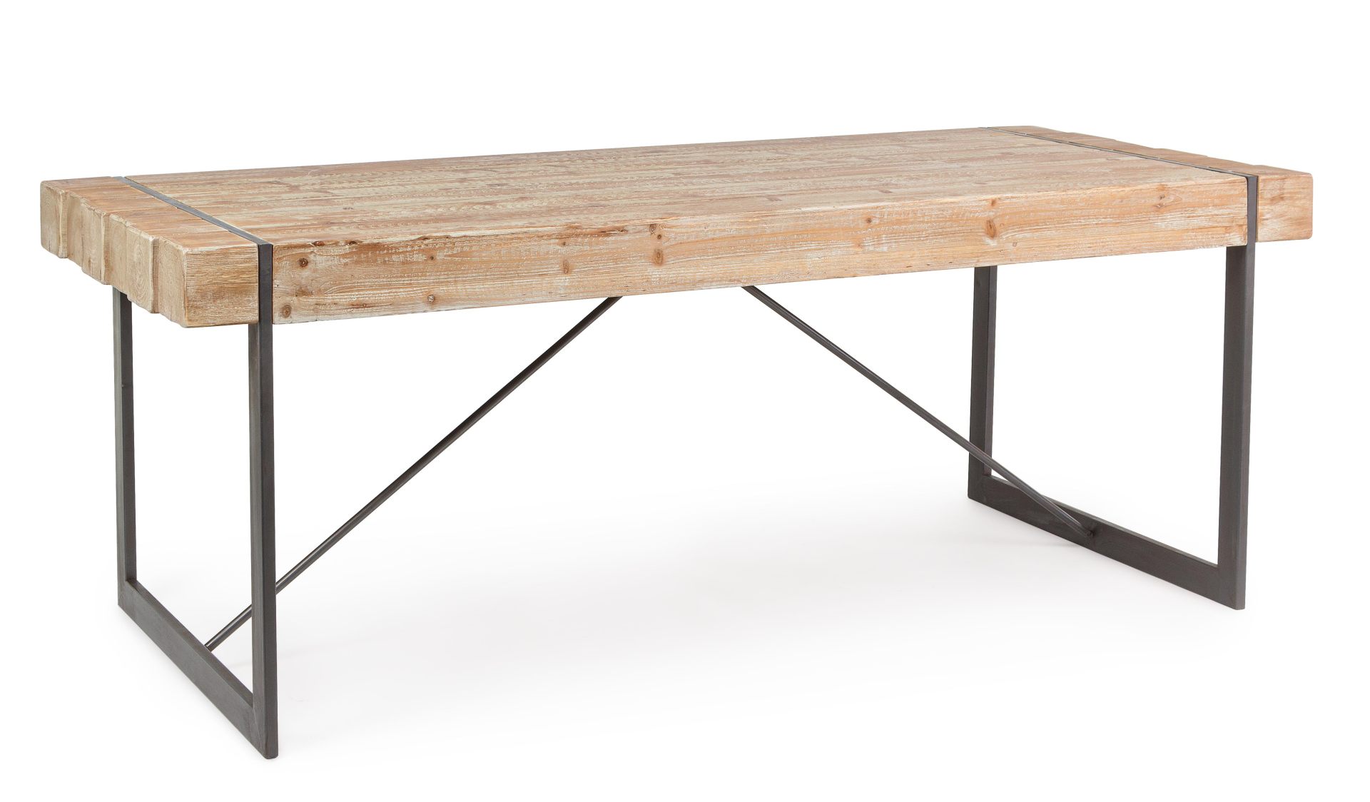 Der Esstisch Gerrett überzeugt mit seinem moderndem Design. Gefertigt wurde er aus Tannenholz, welches einen natürlichen Farbton besitzt. Das Gestell des Tisches ist aus Metall und ist in eine schwarze Farbe. Der Tisch besitzt eine Breite von 200 cm.