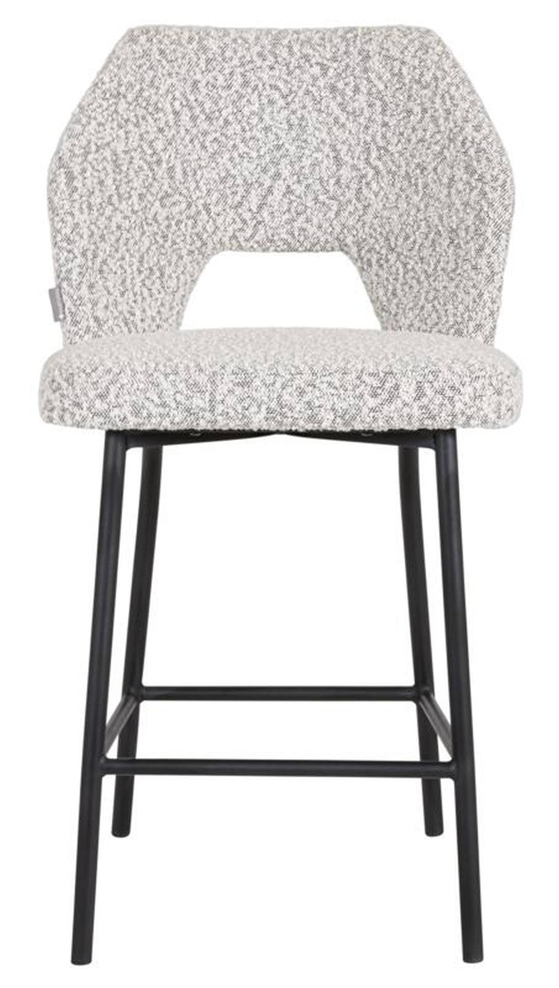 Der Barstuhl Bloom überzeugt mit seinem modernem aber auch schlichtem Design. Gefertigt wurde der Stuhl aus einem Boucle Stoff, welcher einen Hellgrauen Farbton besitzt. Das Gestell ist aus Metall und ist Schwarz.