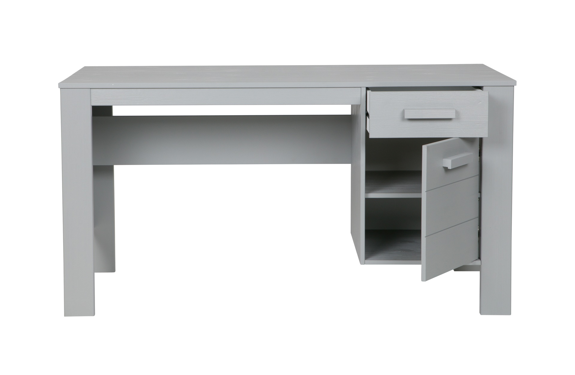 Der Schreibtisch Dennis wurde aus Kiefernholz gefertigt und besitzt einen hellgrauen Farbton. Der Tisch verfügt über eine Schublade und eine Tür für Stauraum.