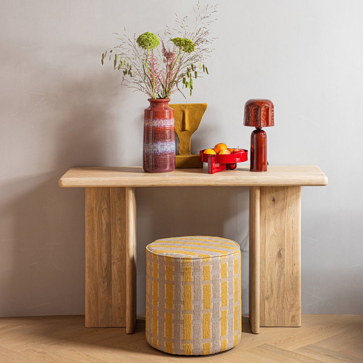 Polsterhocker Sarli - Chenille-Stoff Taupe / Gelb, Ø 46 cm