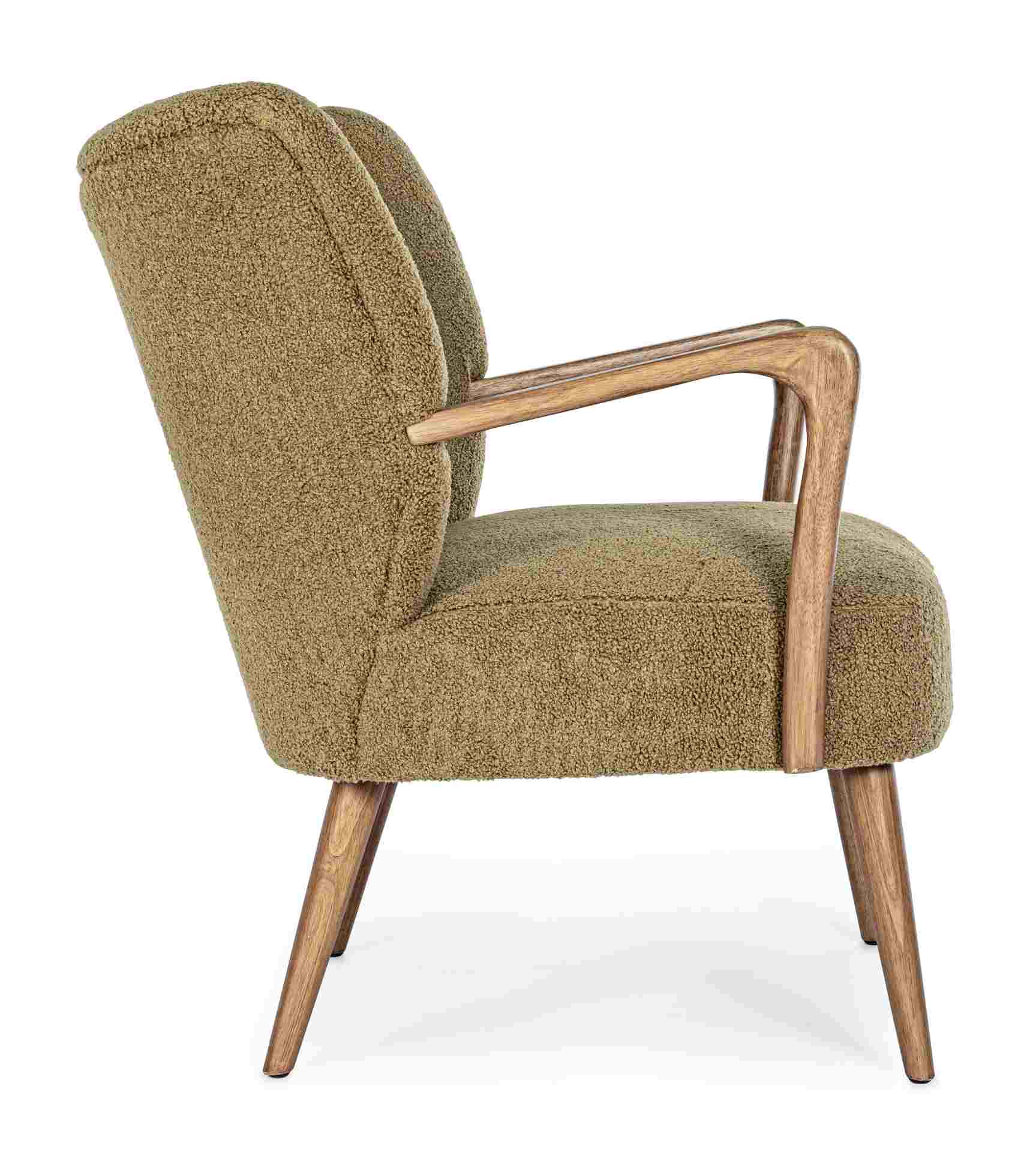 Der Sessel Moritz überzeugt mit seinem modernen Design. Gefertigt wurde er aus Stoff in Teddy-Optik, welcher einen braunen Farbton besitzt. Das Gestell ist aus Kautschukholz und hat eine natürliche Farbe. Der Sessel besitzt eine Sitzhöhe von 45 cm. Die Br