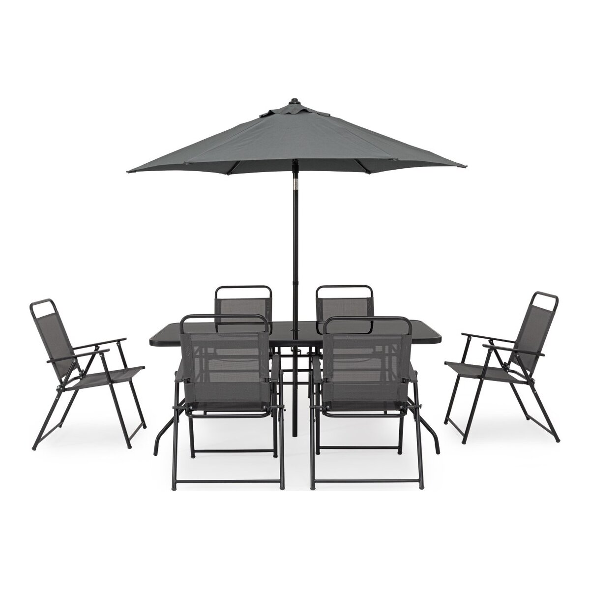 Garten-Set Pompei aus Metall, klassisch, anthrazit, mit Tischplatte aus Glas und Sonnenschirm