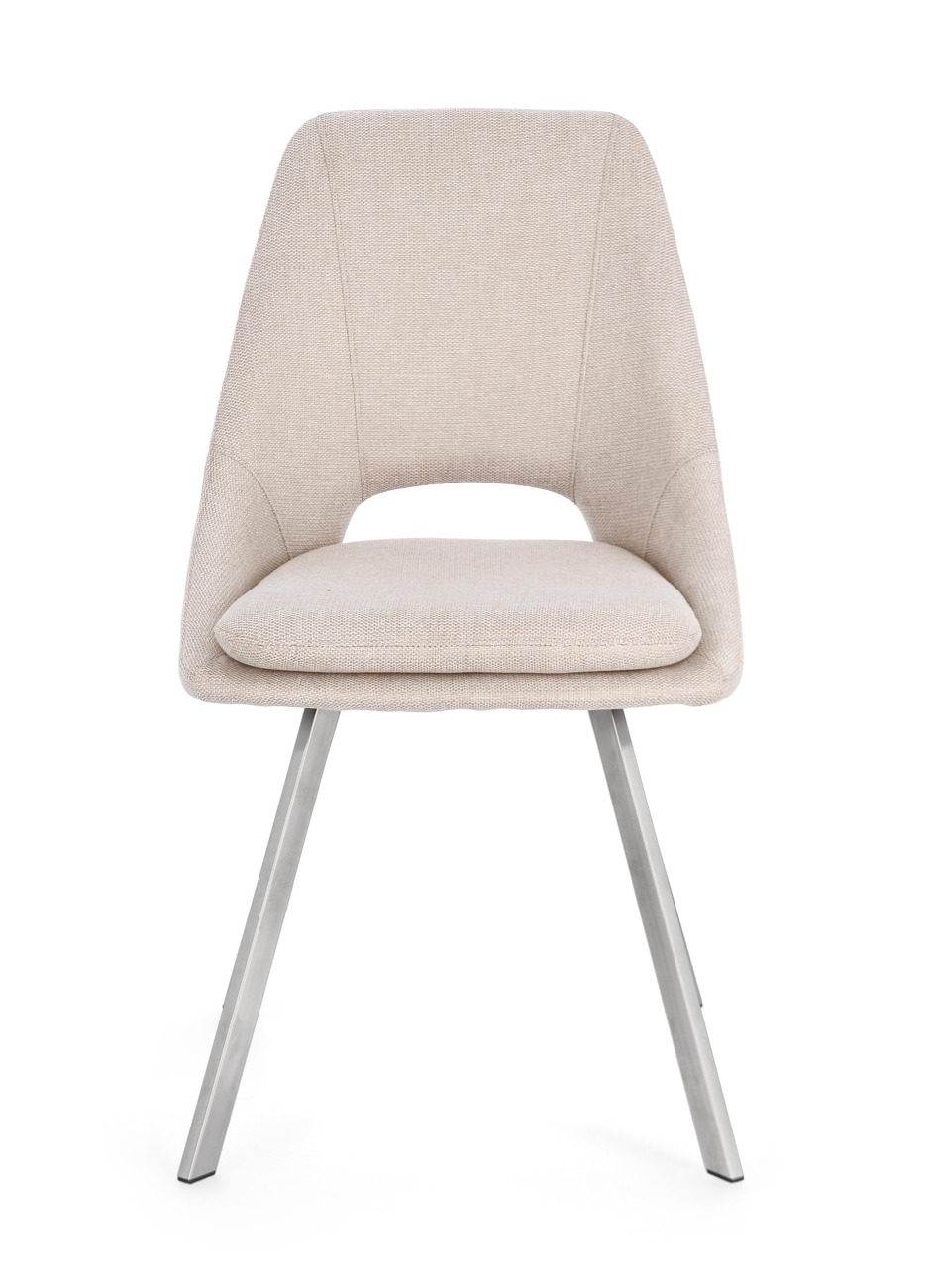 Der Esszimmerstuhl Kashar überzeugt mit seinem modernen Stil. Gefertigt wurde er aus Stoff, welcher einen Beigen Farbton besitzt. Das Gestell ist aus Edelstahl und hat eine silberne Farbe. Der Stuhl besitzt eine Sitzhöhe von 49 cm.