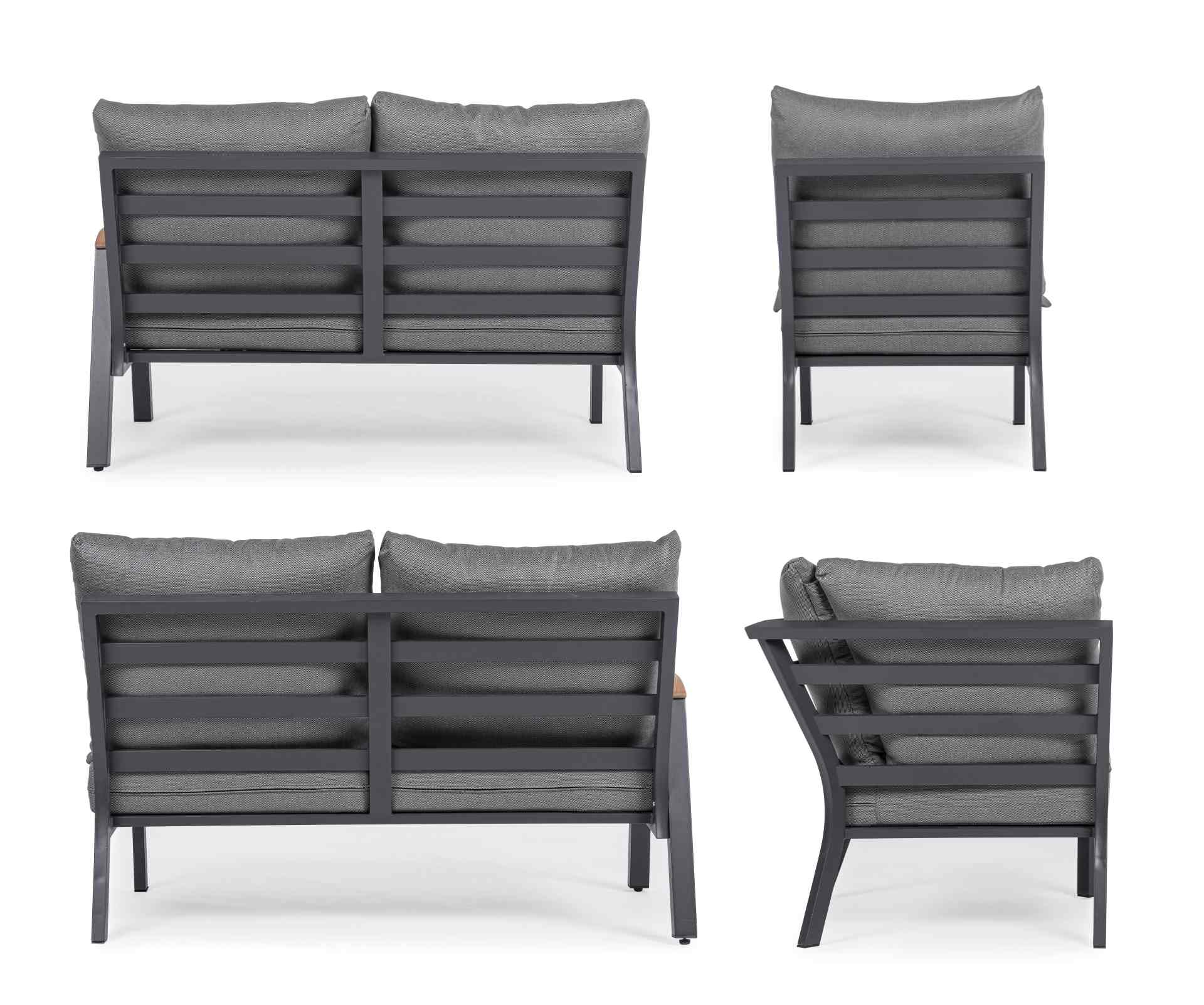Das Gartensofa Jacob überzeugt mit seinem modernen Design. Gefertigt wurde es aus Olefin-Stoff, welcher einen Anthrazit Farbton besitzt. Das Gestell ist aus Aluminium und hat eine schwarze Farbe. Das Sofa verfügt über eine Sitzhöhe von 46 cm und ist für d