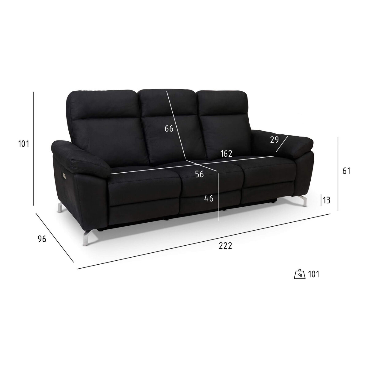 3-Sitzer Relaxsofa Astella Stoff Schwarz - Elektrisches Sofa mit Liegefunktion & USB