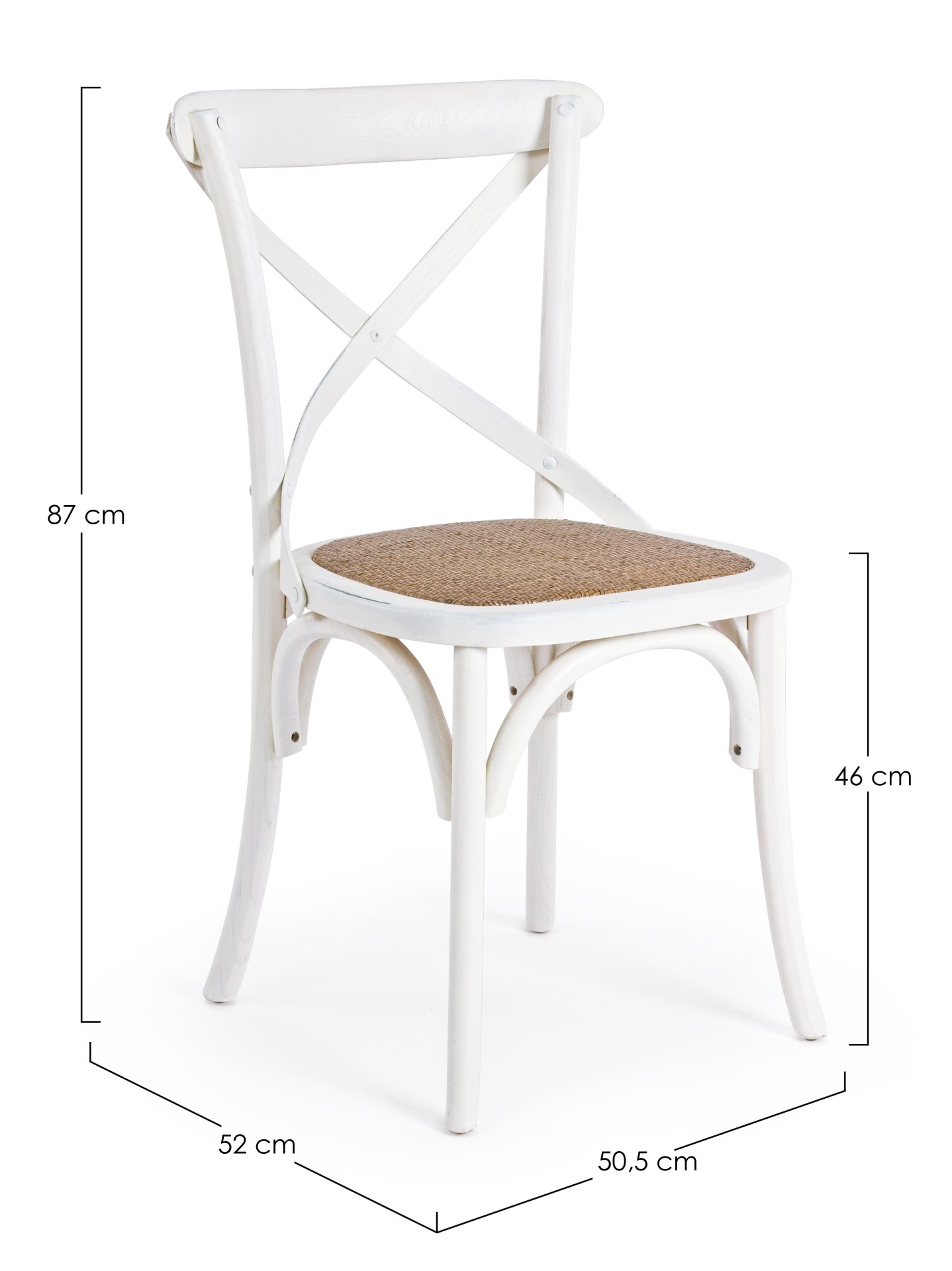 Der Stuhl Cross überzeugt mit seinem klassischen Design. Gefertigt wurde der Stuhl aus Ulmenholz, welches einen weißen Farbton besitzt. Die Sitz- und Rückenfläche ist aus Rattan gefertigt. Die Sitzhöhe beträgt 46 cm.