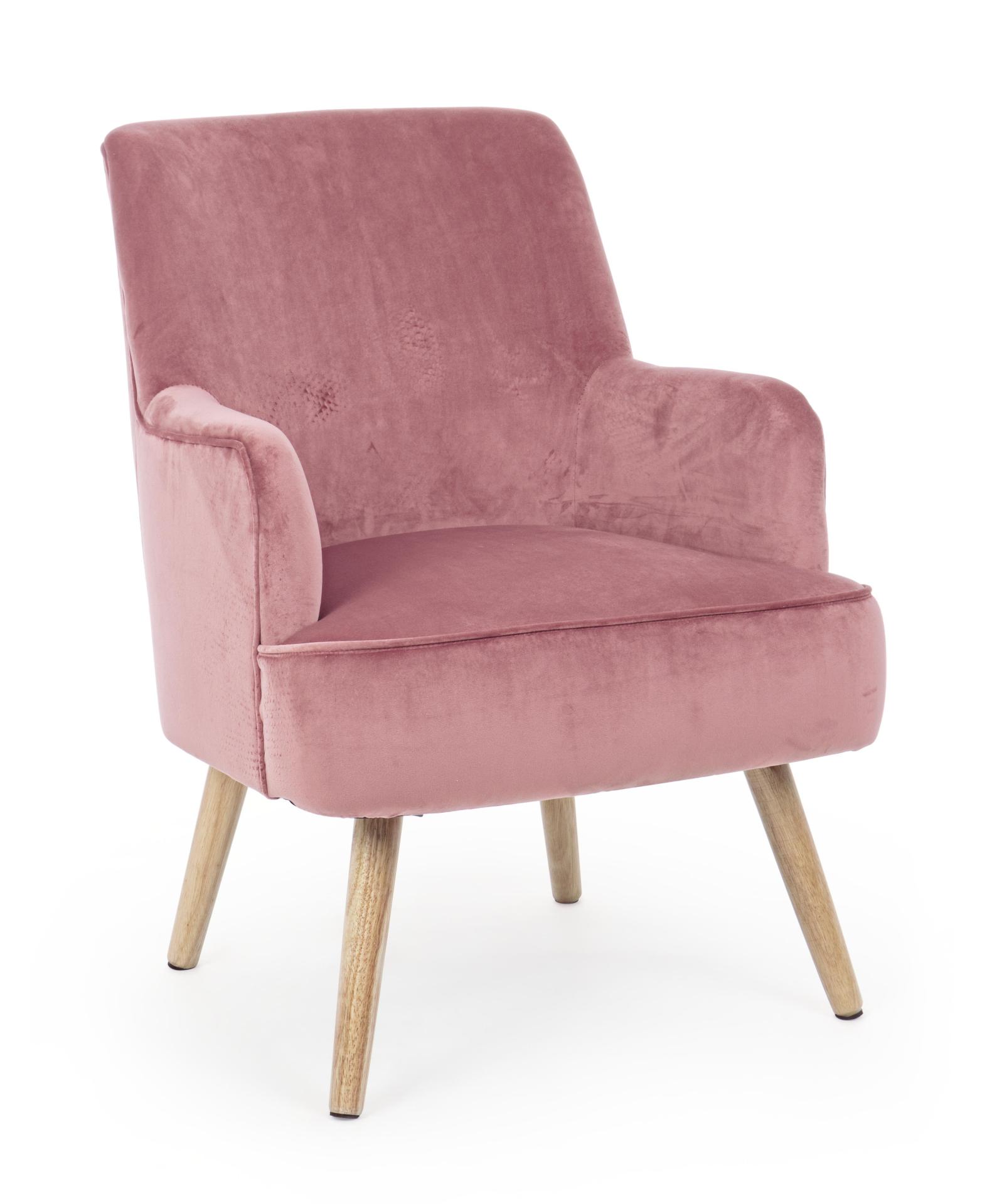 Der Sessel Adeline überzeugt mit seinem klassischen Design. Gefertigt wurde er aus Stoff in Samt-Optik, welcher einen rosa Farbton besitzt. Das Gestell ist aus Buchenholz und hat eine natürliche Farbe. Der Sessel besitzt eine Sitzhöhe von 42 cm. Die Breit