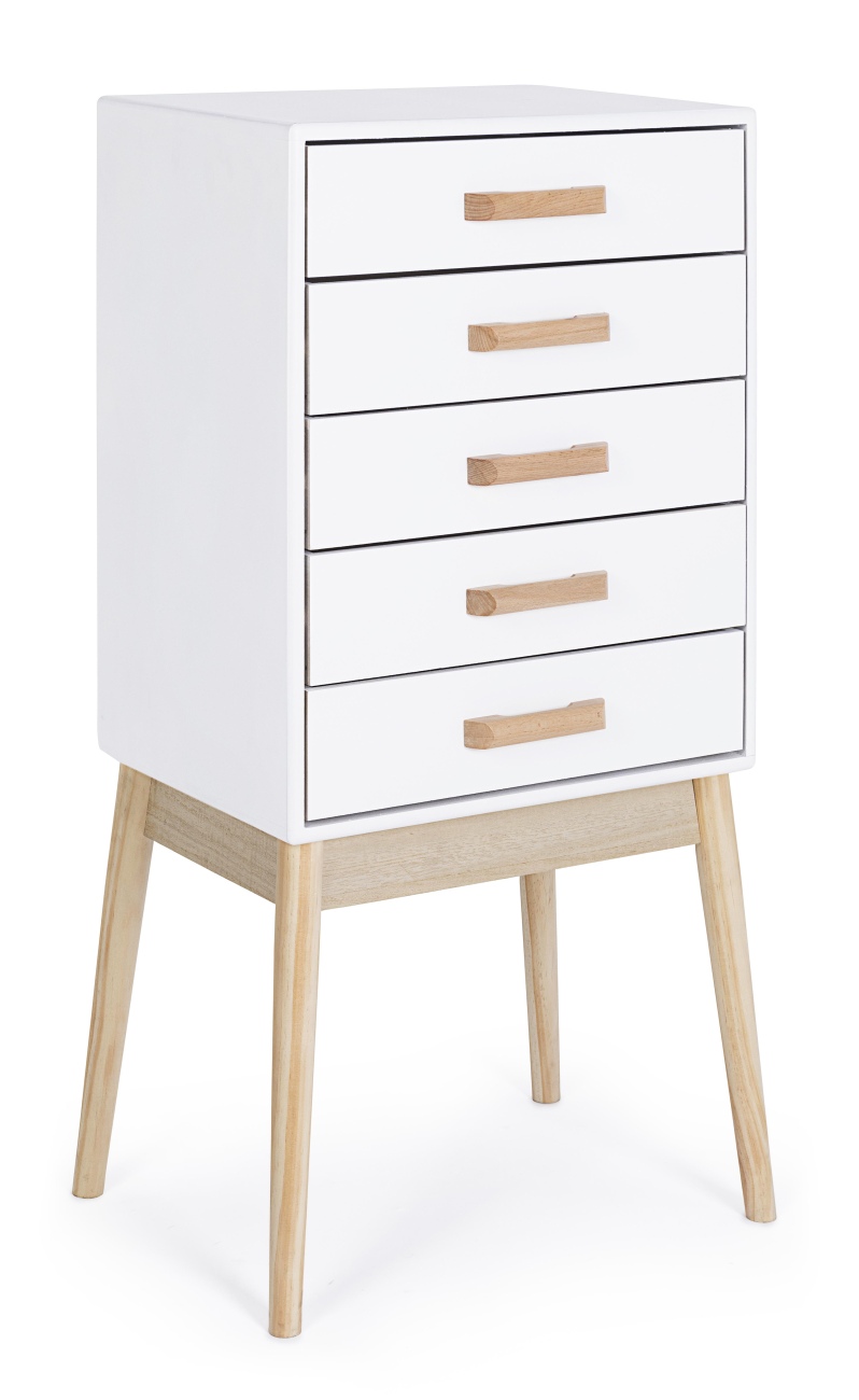 Kommode Ordinary aus Kiefernholz, moderner Stauraum mit 5 Schubladen, weiß, naturfarbene Beine