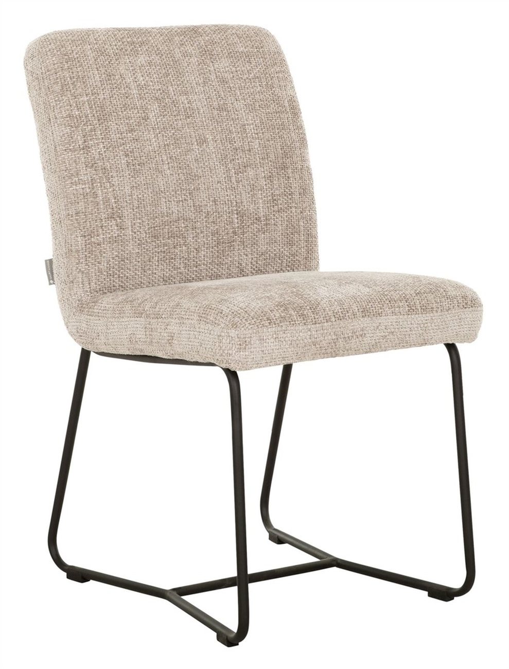 Der Esszimmerstuhl Zola überzeugt mit seinem modernen Design. Gefertigt wurde er aus Stoff, welcher einen Sand Farbton besitzt. Das Gestell ist aus Metall und hat eine schwarze Farbe. Der Stuhl besitzt eine Größe von 87x46x56 cm.