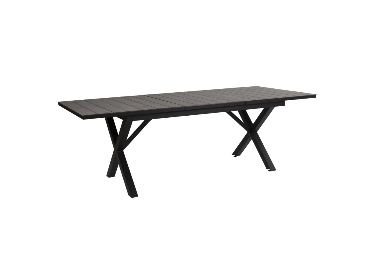 Der Gartenesstisch Hillmond überzeugt mit seinem modernen Design. Gefertigt wurde die Tischplatte aus Holz und besitzt einen grauen Farbton. Das Gestell ist auch aus Metall und hat eine schwarze Farbe. Der Tisch besitzt eine Länger von 166 cm welche bis a