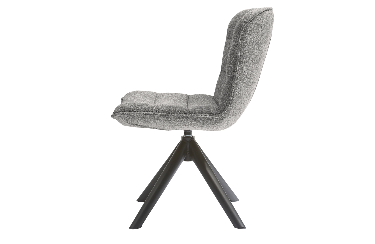 Der Esszimmerstuhl Nika  überzeugt mit seinem modernen Stil. Gefertigt wurde er aus Stoff, welches einen grauen Farbton besitzt. Das Gestell ist aus Metall und hat eine schwarze Farbe. Der Stuhl besitzt eine Sitzhöhe von 49 cm und ist drehbar.