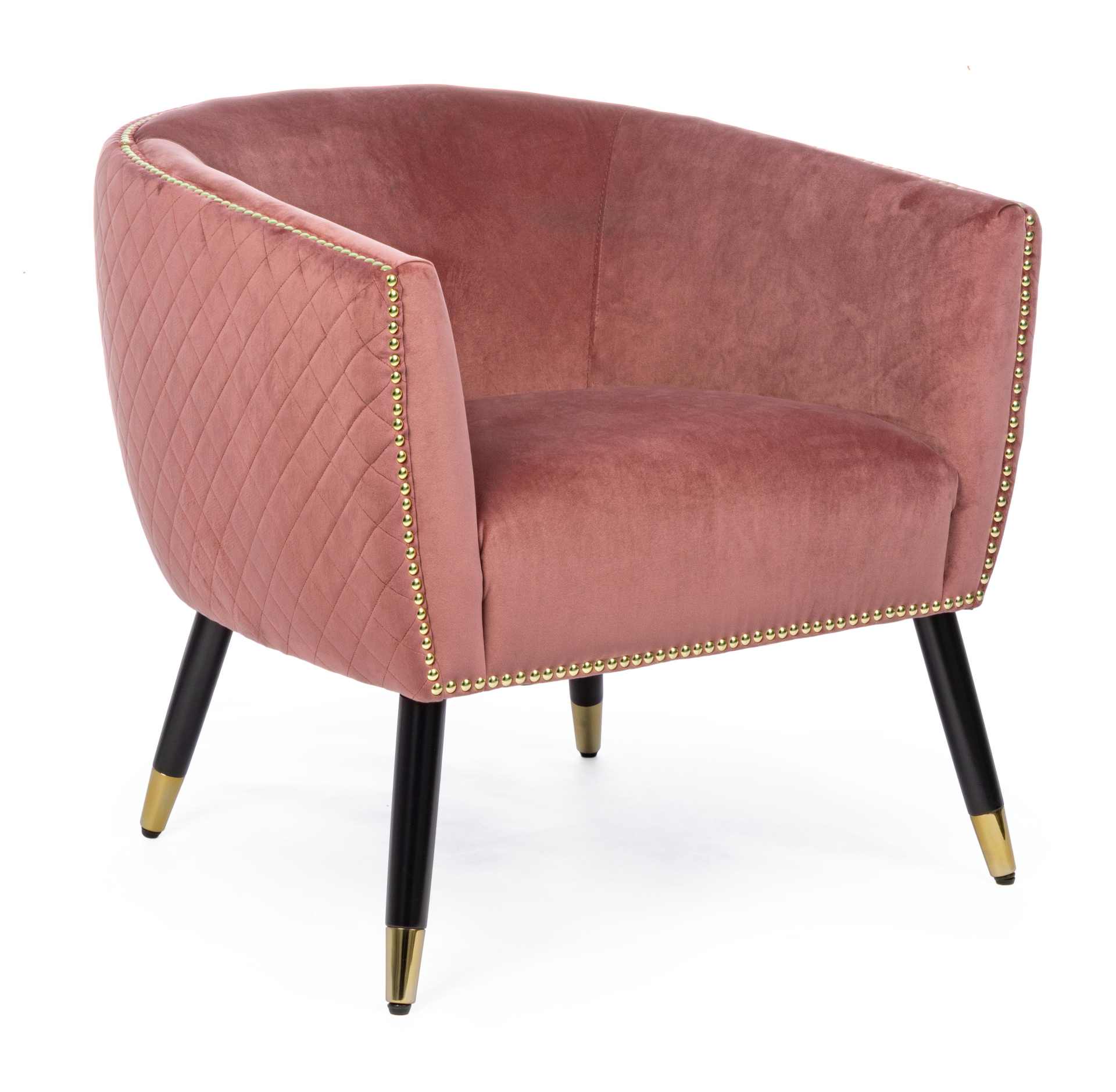 Der Sessel Caitlin überzeugt mit seinem modernen Design. Gefertigt wurde er aus Stoff in Samt-Optik, welcher einen rosa Farbton besitzt. Das Gestell ist aus Kautschukholz und hat eine schwarze Farbe. Der Sessel besitzt eine Sitzhöhe von 45 cm. Die Breite 