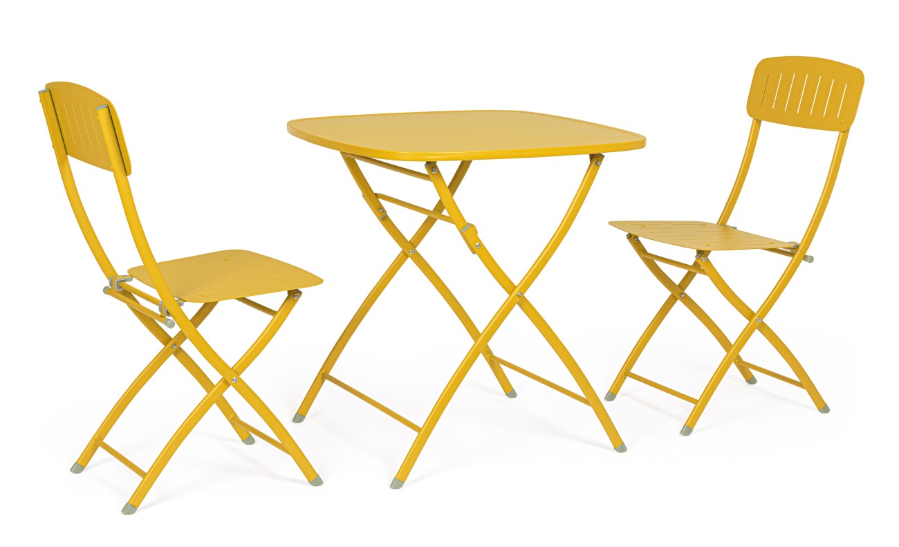 Das Garten-Set Yvonne überzeugt mit seinem modernen Design. Gefertigt wurde es aus Metall, welcher einen gelben Farbton besitzt. Das Gestell ist auch aus Metall und hat eine gelbe Farbe. Das Set besteht aus zwei Stühlen und einem Tisch.