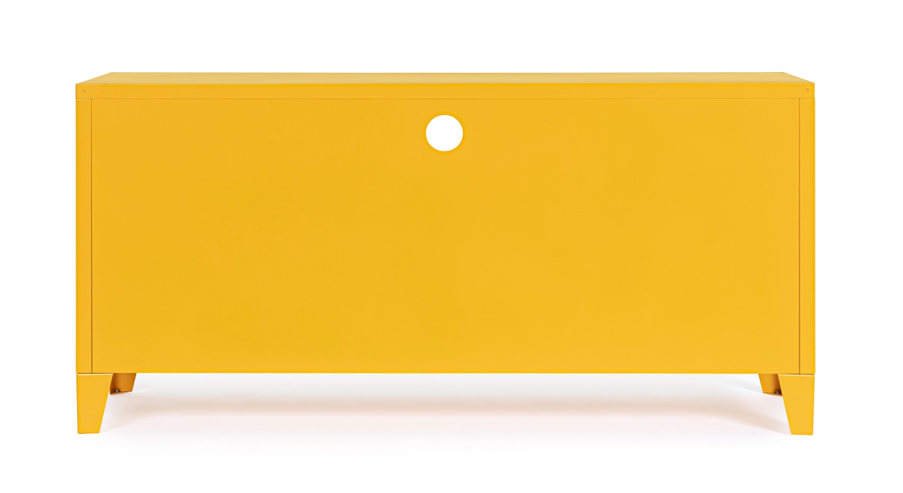 Das TV Board Cambridge überzeugt mit seinem modernen Stil. Gefertigt wurde es aus Metall, welches einen gelben Farbton besitzt. Das Gestell ist auch aus Metall und hat eine gelbe Farbe. Das TV Board verfügt über zwei Türen und zwei Fächer.