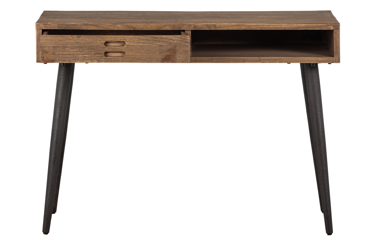 Der Schreibtisch Maddox überzeugt mit seinem modernen Stil. Gefertigt wurde er aus recyceltem Holz, welches einen braunen Farbton besitzt. Das Gestell ist aus Metall und hat eine schwarze Farbe. Der Schreibtisch besitzt eine Größe 110 cm.