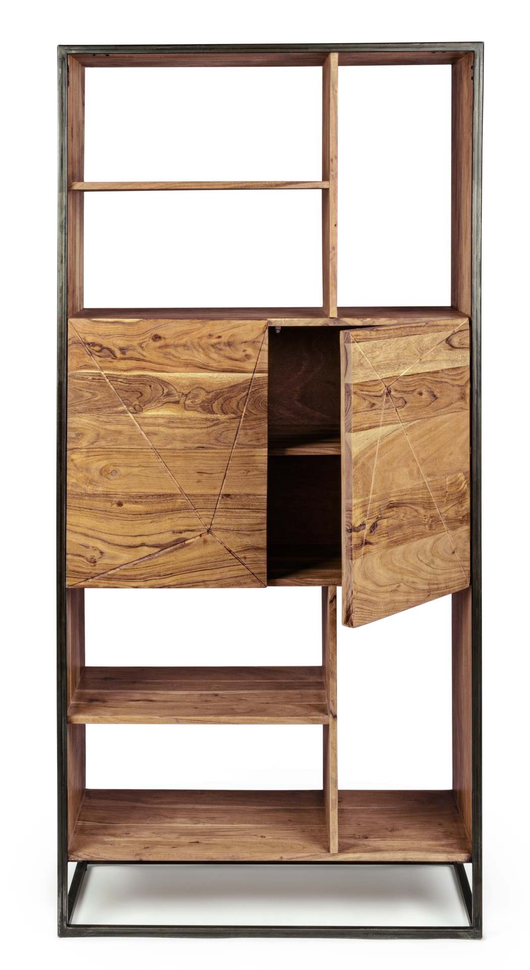 Das Bücherregal Egon überzeugt mit seinem klassischen Design. Gefertigt wurde es aus Akazienholz, welches einen natürlichen Farbton besitzt. Das Gestell ist aus Metall und hat eine schwarze Farbe. Das Bücherregal verfügt über zwei Türen und sechs Fächer. 