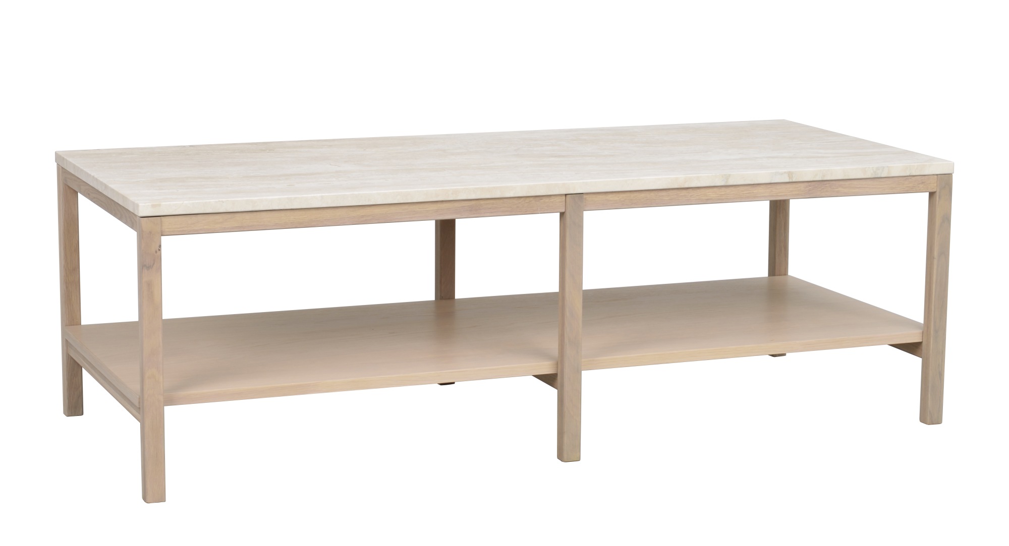 Edles Möbelstück: Couchtisch Orwel, 140x60cm, Travertin, Eiche Weiß pigmentiert für stilvolle Einrichtung. Couchtisch Orwel, 140x60cm, Travertin, Eiche Weiß pigmentiert