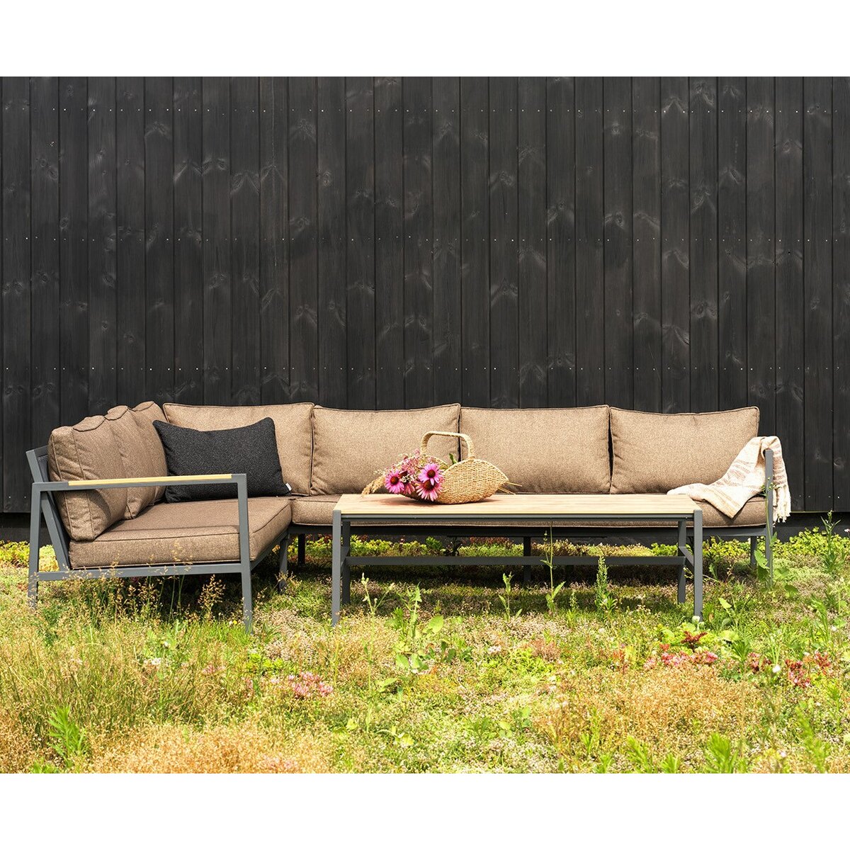 Gartenecksofa Cap, Anthrazit/Braun - Aluminium, inkl. Couchtisch & Kissen, 214x279 cm