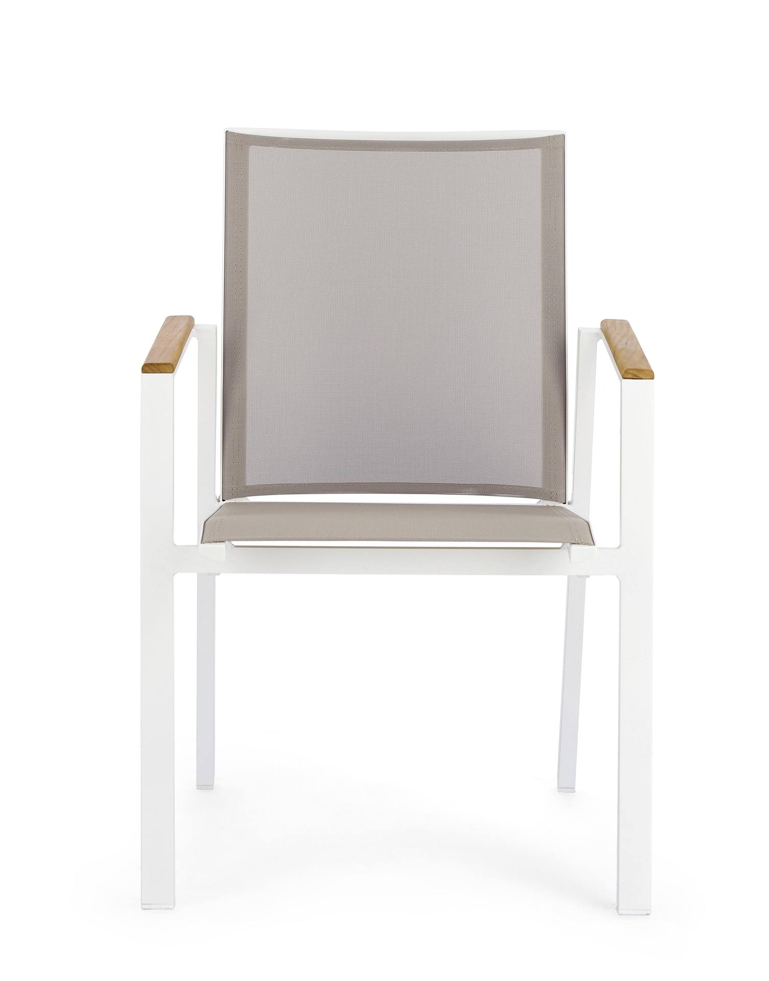 Der Gartenstuhl Cameron überzeugt mit seinem modernen Design. Gefertigt wurde er aus Textilene, welcher einen grauen Farbton besitzt. Das Gestell ist aus Aluminium und hat eine weiße Farbe. Der Stuhl verfügt über eine Sitzhöhe von 44 cm und ist für den Ou