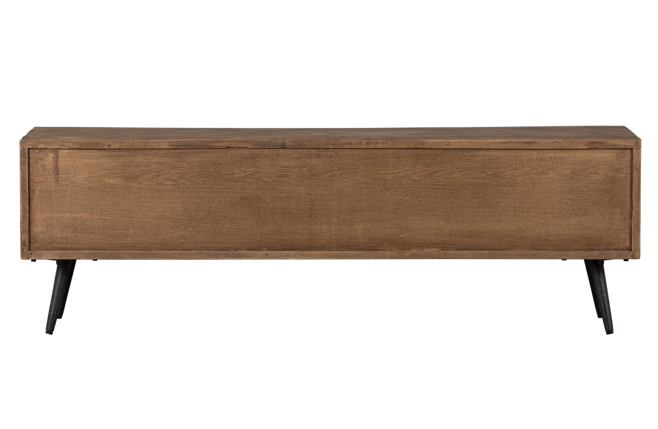 Das TV Board Maddox überzeugt mit seinem modernen Stil. Gefertigt wurde es aus recyceltem Holz, welches einen braunen Farbton besitzt. Das Gestell ist aus Metall und hat eine schwarze Farbe. Das TV Board verfügt über eine Klapptür und zwei Fächer. Es hat 