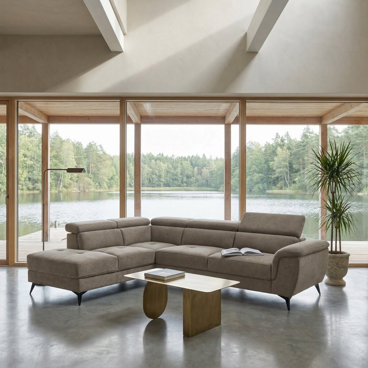 Ecksofa Sibet Links Taupe - mit OEKO-TEX Bezug & Kopfstütze