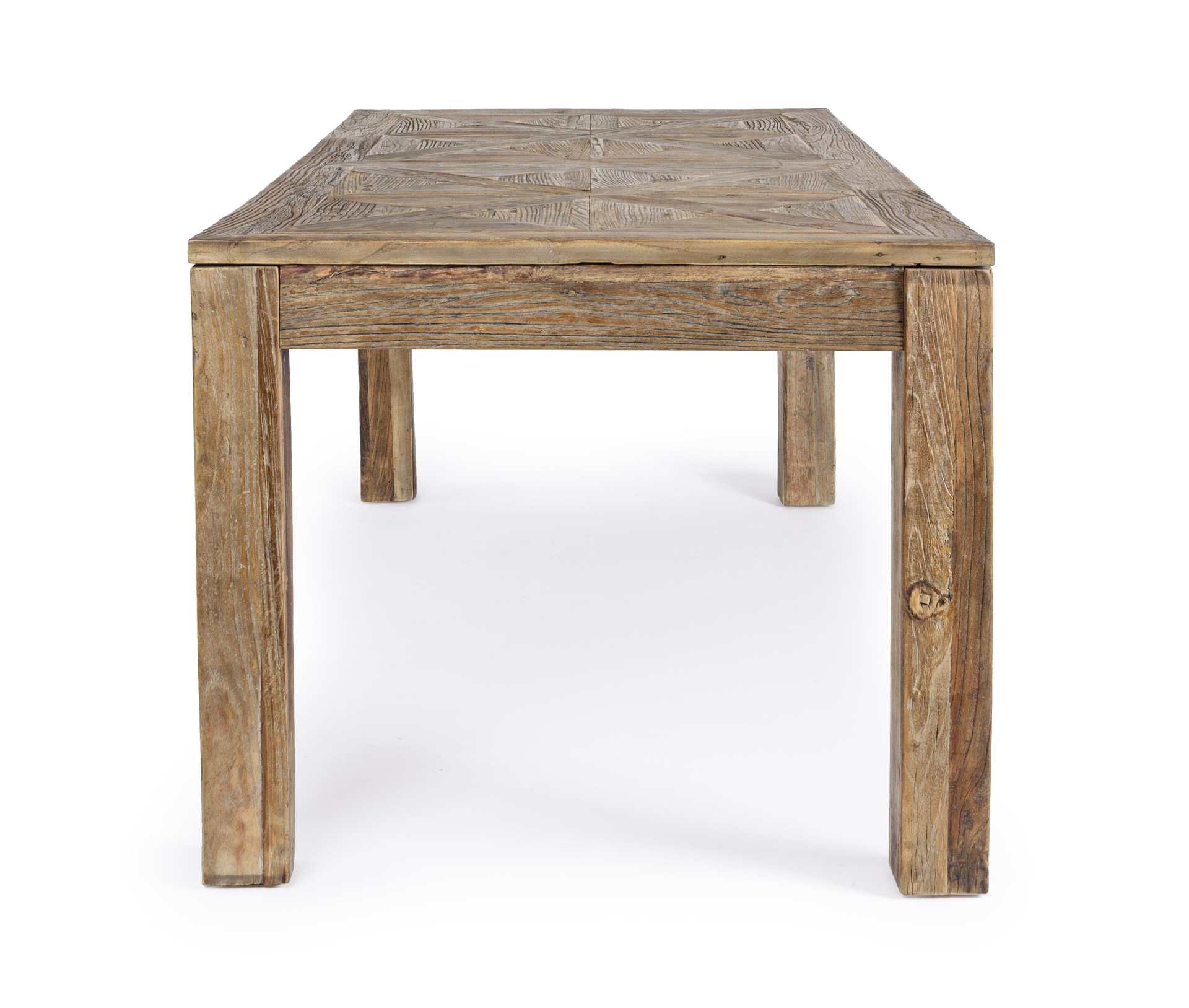 Der Esstisch Kaily überzeugt mit seinem klassischem Design gefertigt wurde er aus recyceltem Ulmenholz, welches einen natürlichen Farbton besitzt. Das Gestell des Tisches ist auch aus massivem Ulmenholz. Der Tisch besitzt eine Breite von 200 cm.
