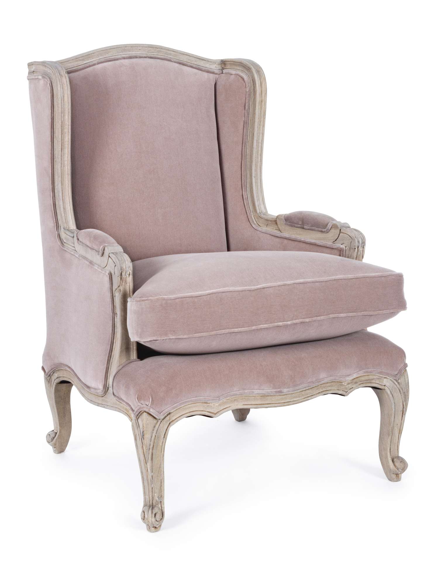 Der Sessel Lorelie überzeugt mit seinem klassischen Design. Gefertigt wurde er aus Stoff in Samt-Optik, welcher einen rosa Farbton besitzt. Das Gestell ist aus Mangoholz und hat eine natürliche Farbe. Der Sessel besitzt eine Sitzhöhe von 53 cm. Die Breite