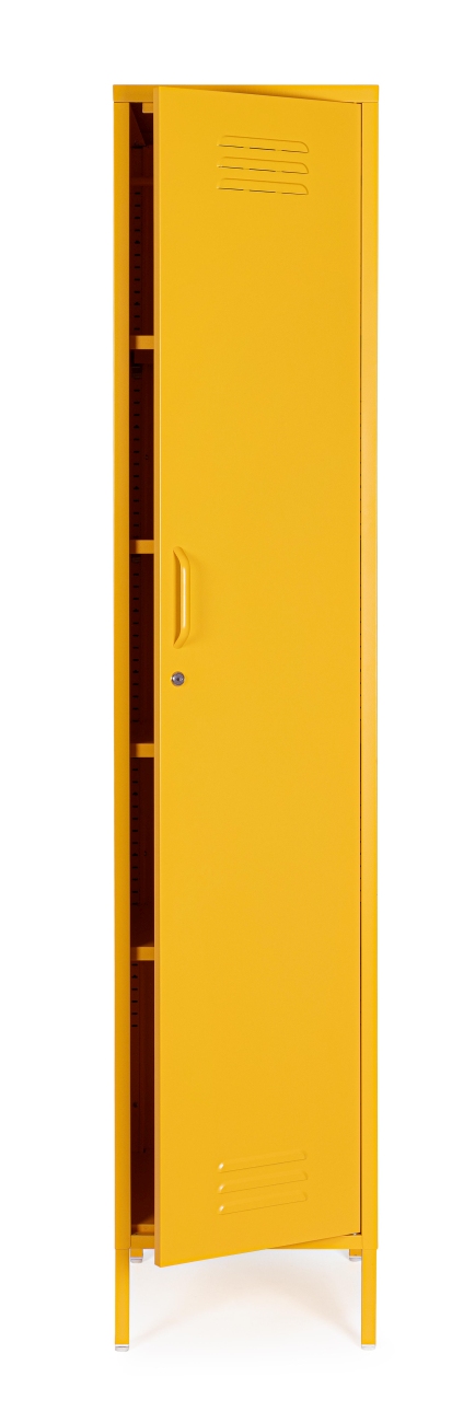 Der Kleiderschrank Cambridge überzeugt mit seinem modernen Stil. Gefertigt wurde er aus Metall, welches einen gelben Farbton besitzt. Das Gestell ist auch aus Metall. Der Kleiderschrank verfügt über eine Tür.