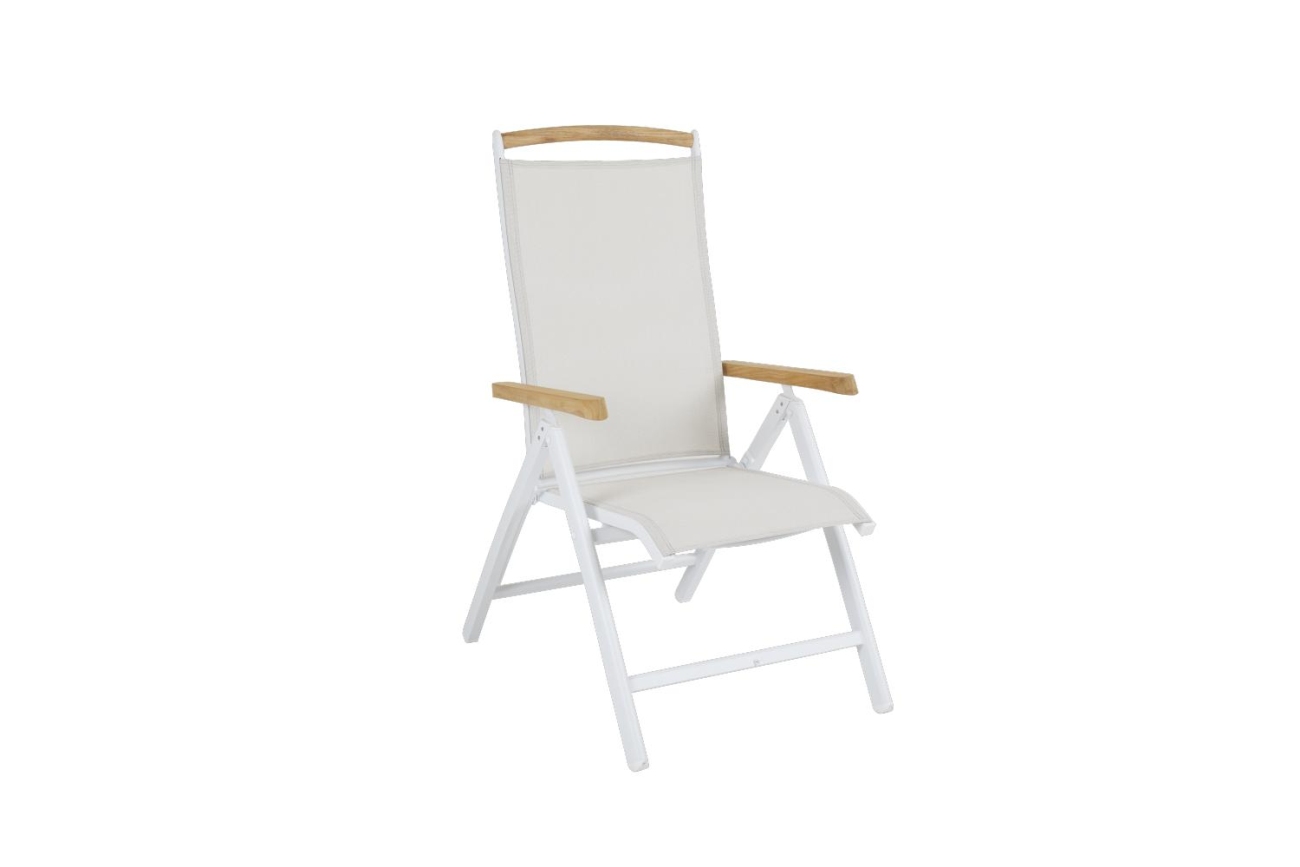 Der Gartenstuhl Andy überzeugt mit seinem modernen Design. Gefertigt wurde er aus Textilene, welches einen weißen Farbton besitzt. Das Gestell ist aus Metall und hat eine weiße Farbe. Die Armlehne ist aus Teakholz. Die Sitzhöhe des Sessels beträgt 44 cm.