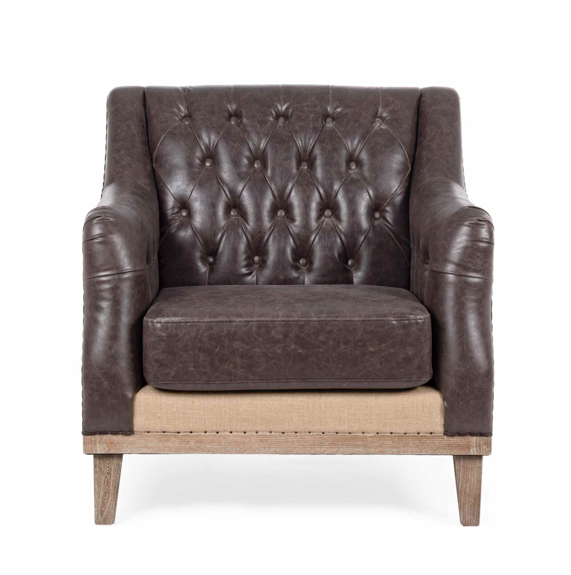 Der Sessel Raymond überzeugt mit seinem klassischen Design. Gefertigt wurde er aus Kunstleder, welches einen braunen Farbton besitzt. Das Gestell ist aus Eschenholz und hat eine natürliche Farbe. Der Sessel besitzt eine Sitzhöhe von 49 cm. Die Breite betr