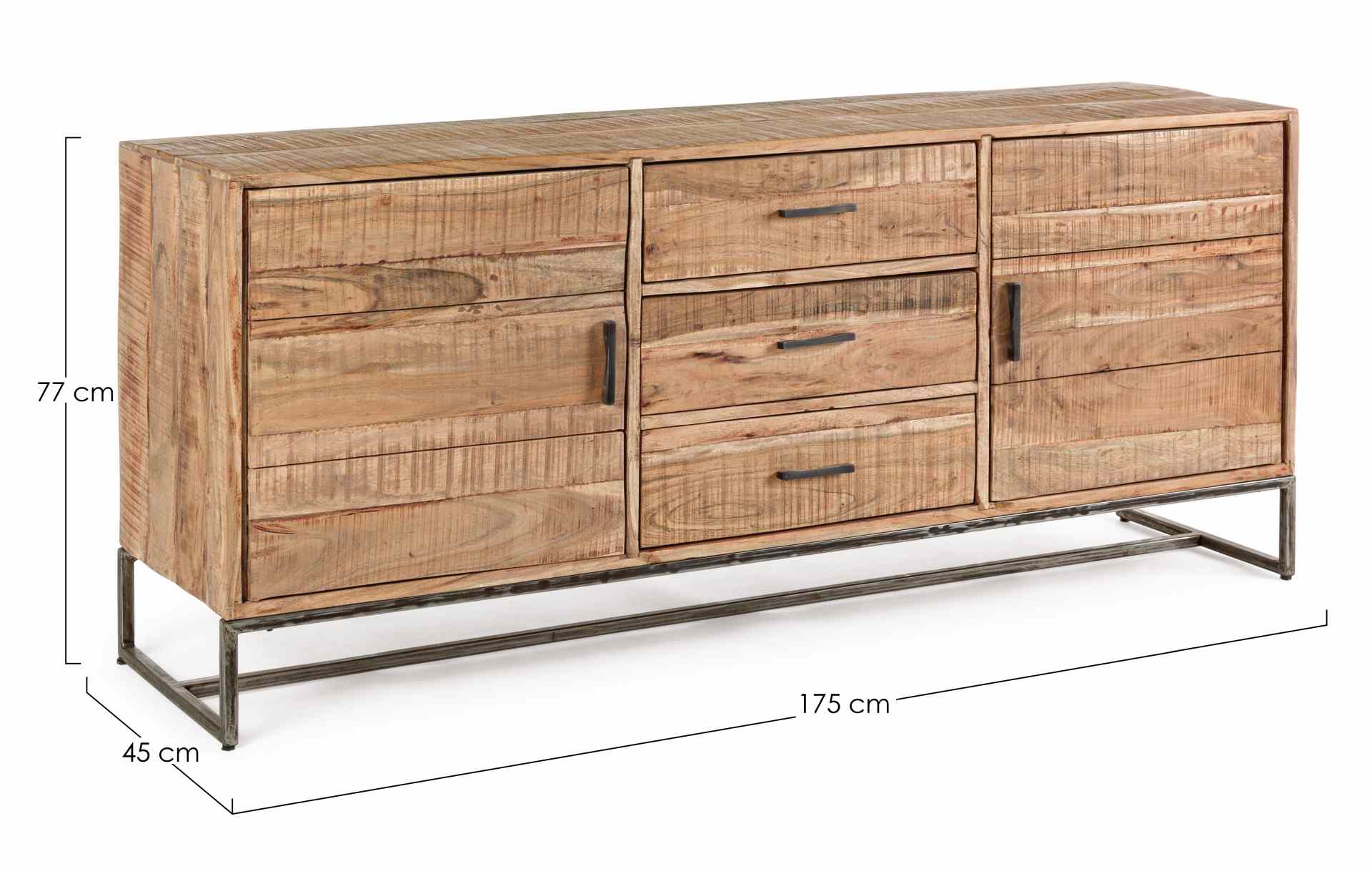 Das Sideboard Elmer überzeugt mit seinem industriellem Design. Gefertigt wurde es aus Akazien-Holz, welches einen natürlichen Farbton besitzt. Das Gestell ist aus Metall und hat eine schwarze Farbe. Das Sideboard verfügt über zwei Türen und drei Schublade