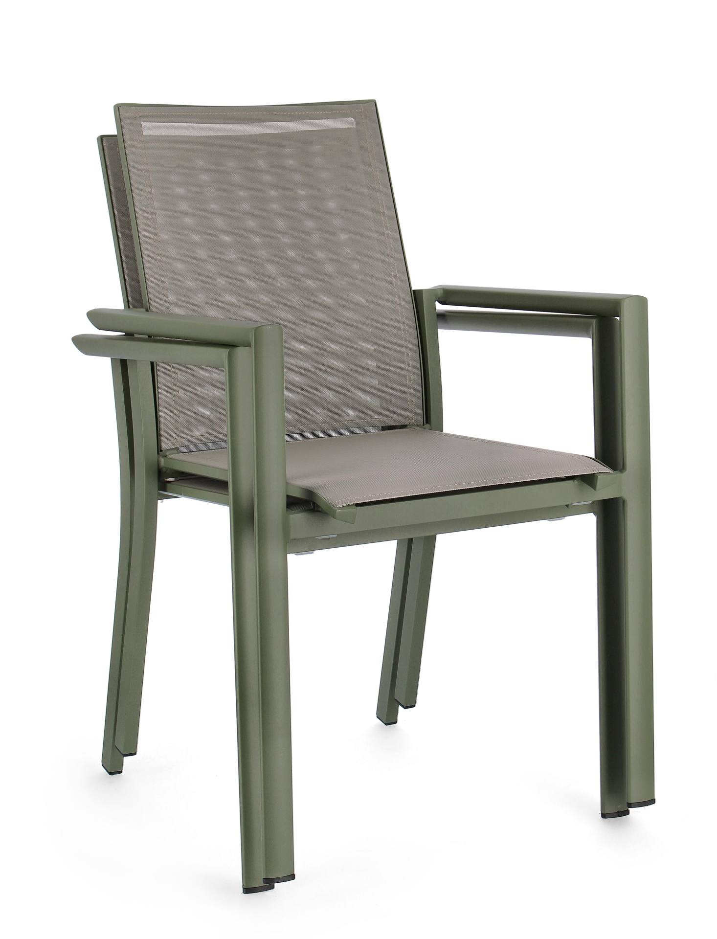 Der Gartenstuhl Konnor überzeugt mit seinem modernen Design. Gefertigt wurde er aus Textilene, welcher einen grauen Farbton besitzt. Das Gestell ist aus Aluminium und hat eine grüne Farbe. Der Stuhl verfügt über eine Sitzhöhe von 45 cm und ist für den Out