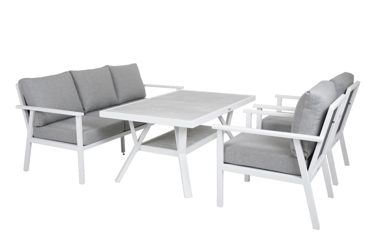 Der Gartentisch Samvaro überzeugt mit seinem modernen Design. Gefertigt wurde die Tischplatte aus Granit und hat einen hellgrauen Farbton. Das Gestell ist aus Metall und hat eine weiße Farbe. Der Tisch besitzt eine Länge von 140 cm.