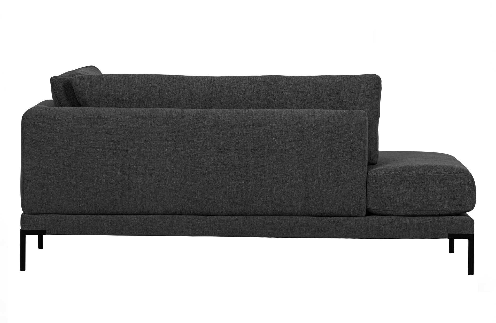 Das Modulsofa Couple Lounge überzeugt mit seinem modernen Design. Das Lounge Element mit der Ausführung Links wurde aus Melange Stoff gefertigt, welcher einen einen dunkelgrauen Farbton besitzen. Das Gestell ist aus Metall und hat eine schwarze Farbe. Das