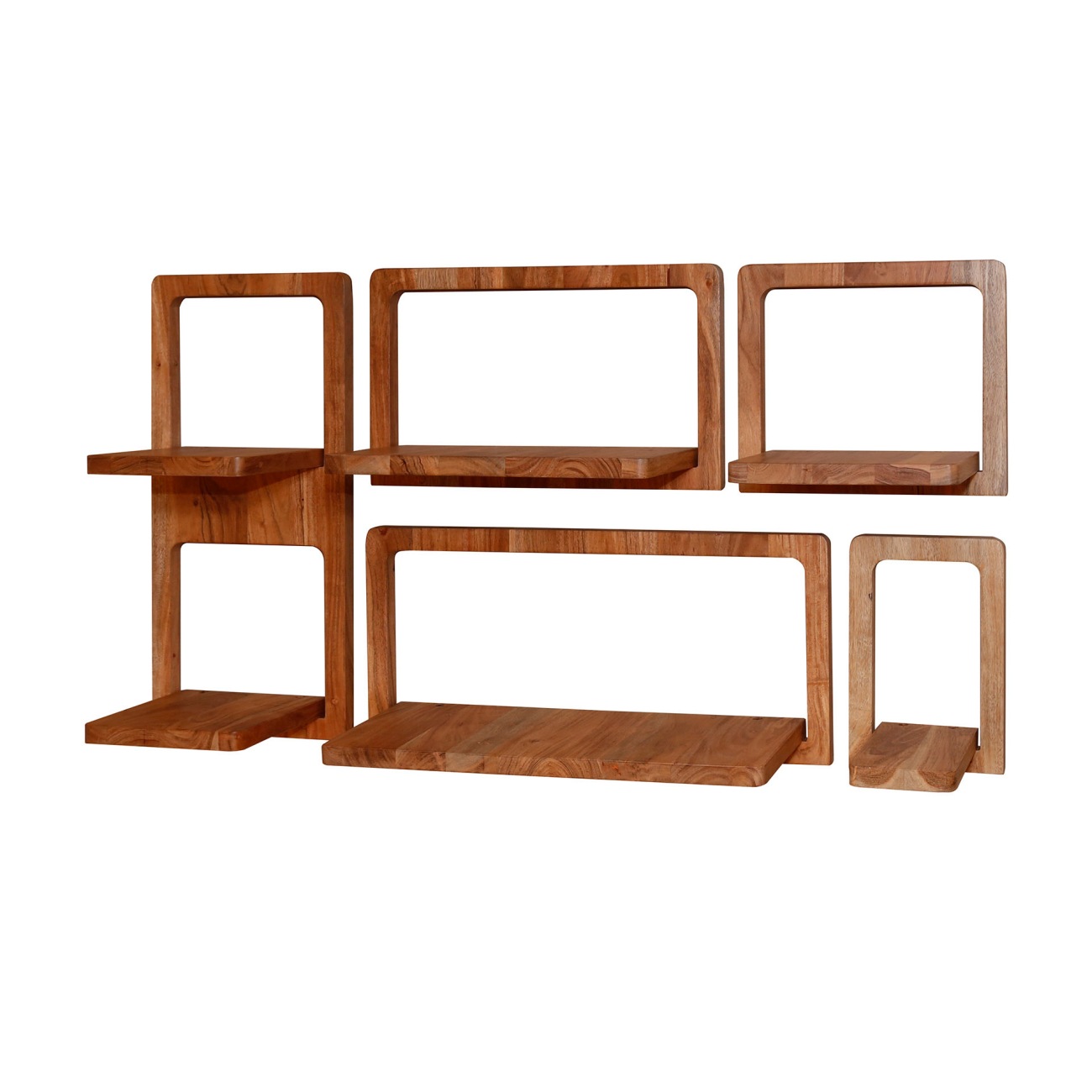 5er-Set Wandregal Curvy - Akazienholz massiv Natur 5er-Set Wandregal Pinda - Akazienholz massiv Natur, Holzrahmen
