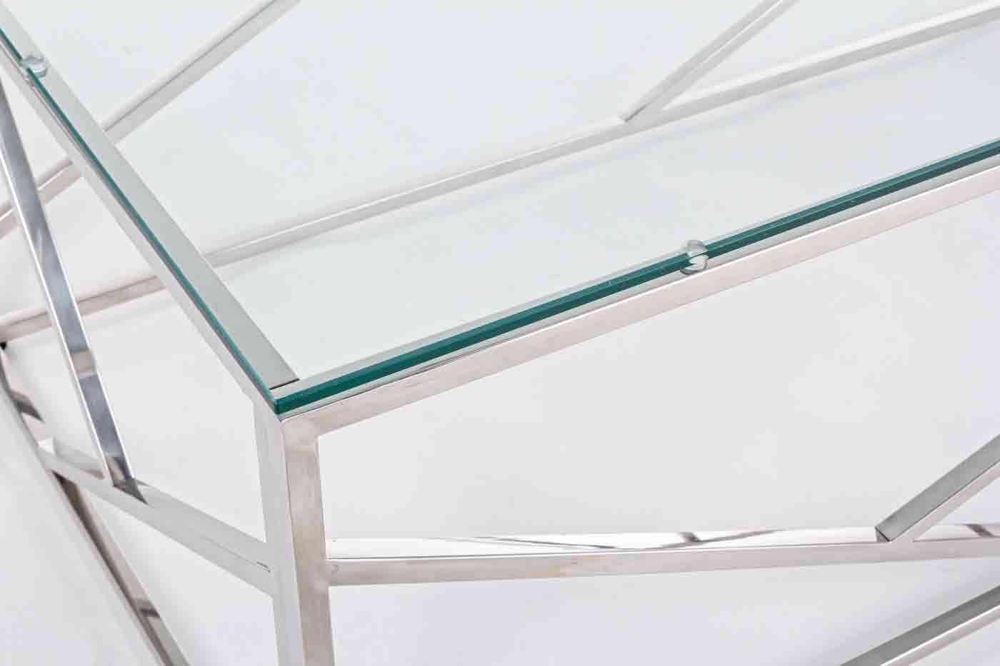 Couchtisch Rayan in einem modernen Design. Hergestellt aus Metall  in einem silbernen Farbton. Die Tischplatte ist aus Glas. Marke Bizotto.